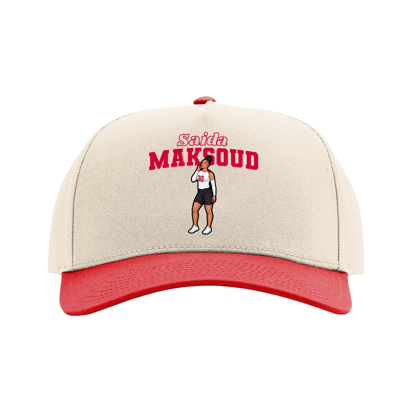 Full Fabric Five-Panel Champ Cap — Name Arch in Cream/Red