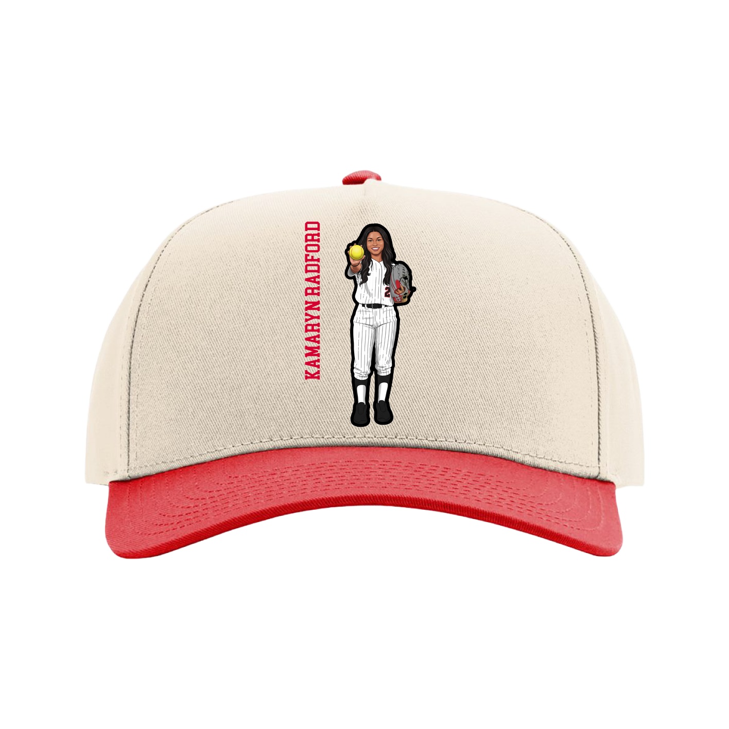 Full Fabric Five-Panel Champ Cap — Name Vertical in Cream/Red