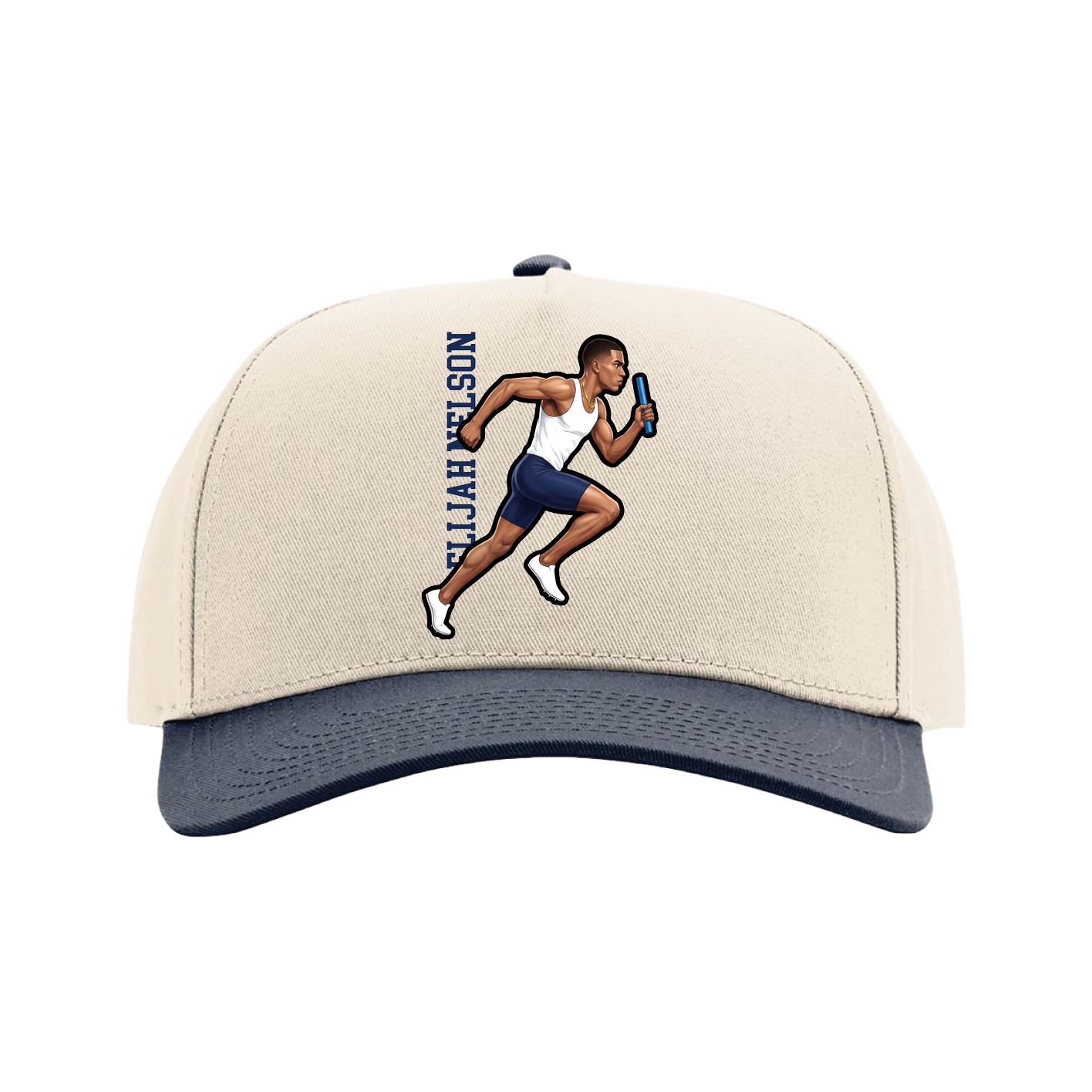 Full Fabric Five-Panel Champ Cap — Name Vertical in Cream/Navy
