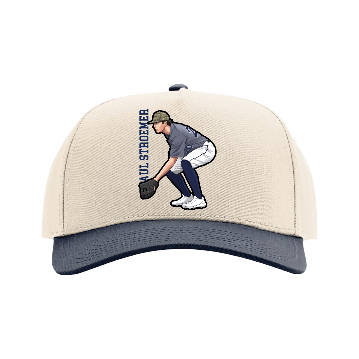 Full Fabric Five-Panel Champ Cap — Name Vertical in Cream/Navy