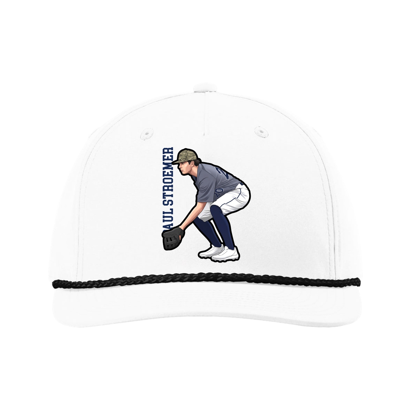 Five-Panel Classic Rope Cap — Name Vertical in White