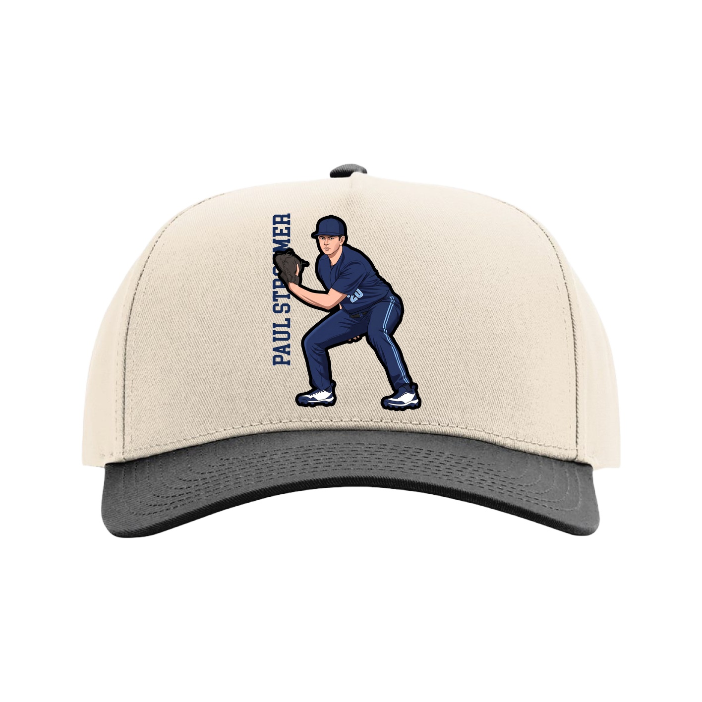 Full Fabric Five-Panel Champ Cap — Name Vertical in Cream/Black