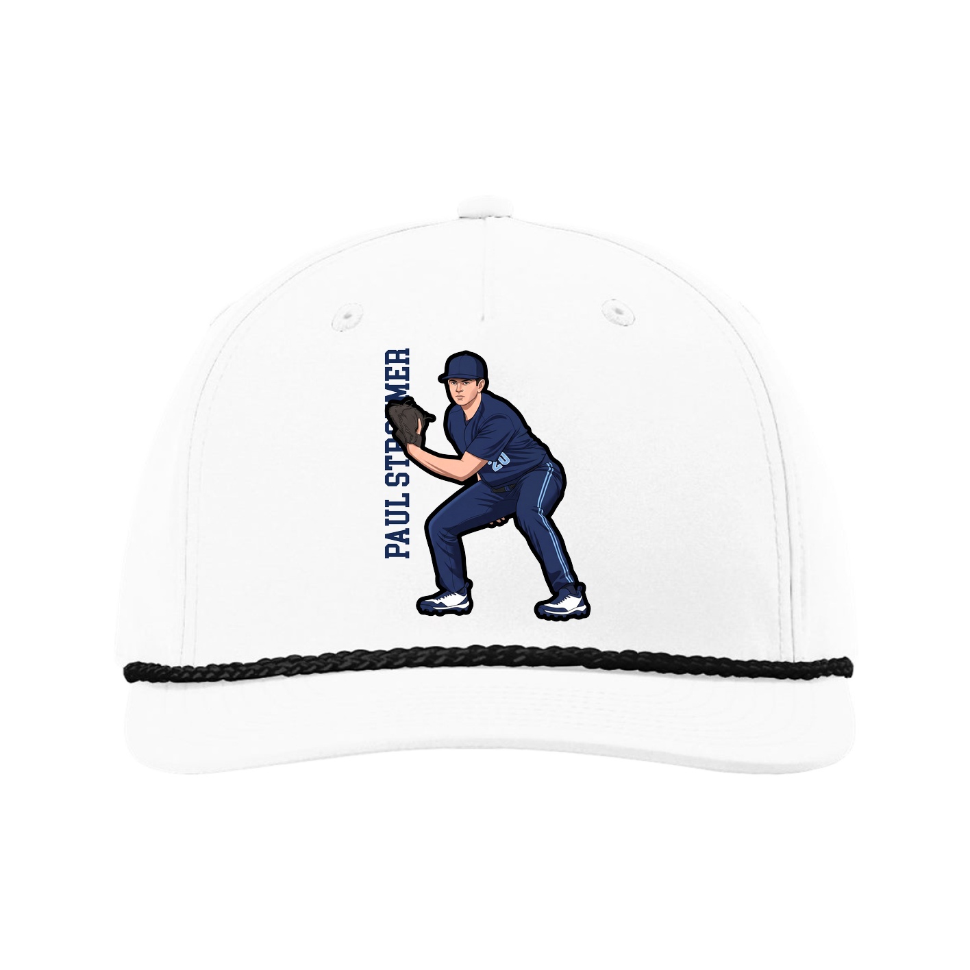 Five-Panel Classic Rope Cap — Name Vertical in White