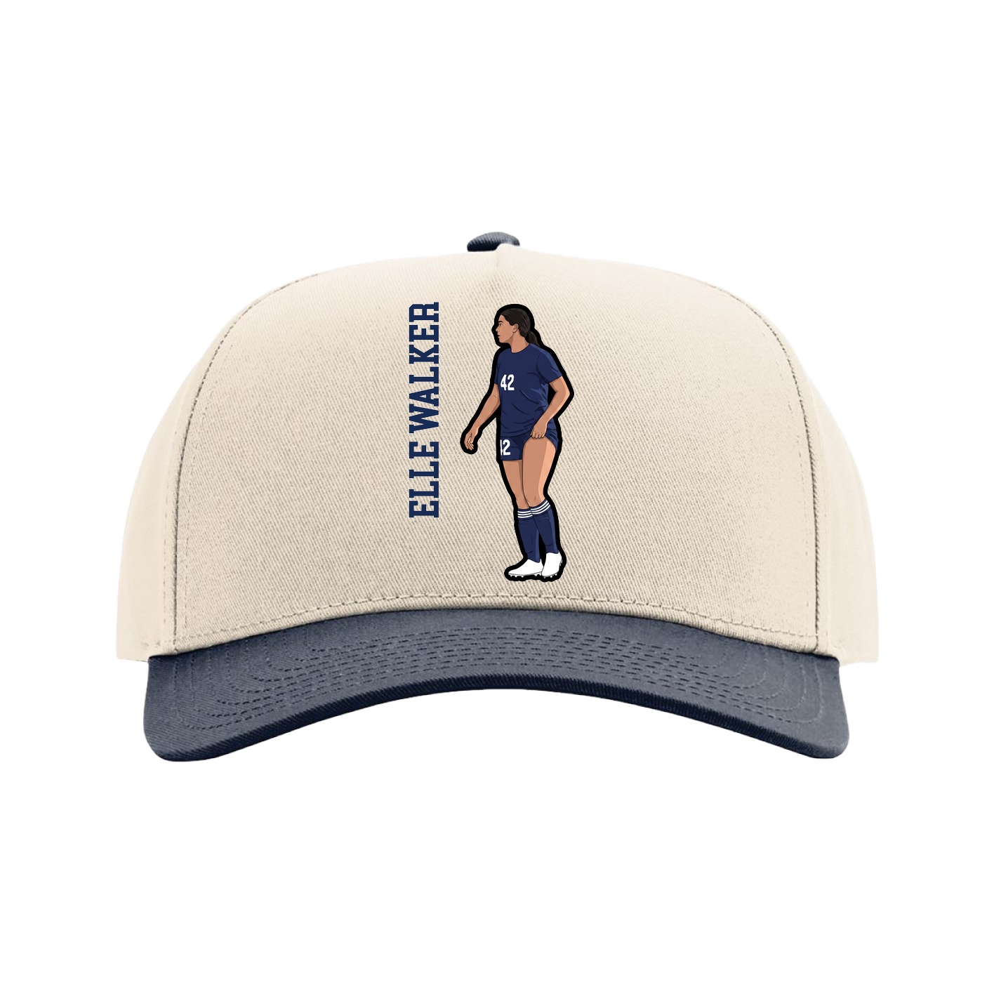 Full Fabric Five-Panel Champ Cap — Name Vertical in Cream/Navy