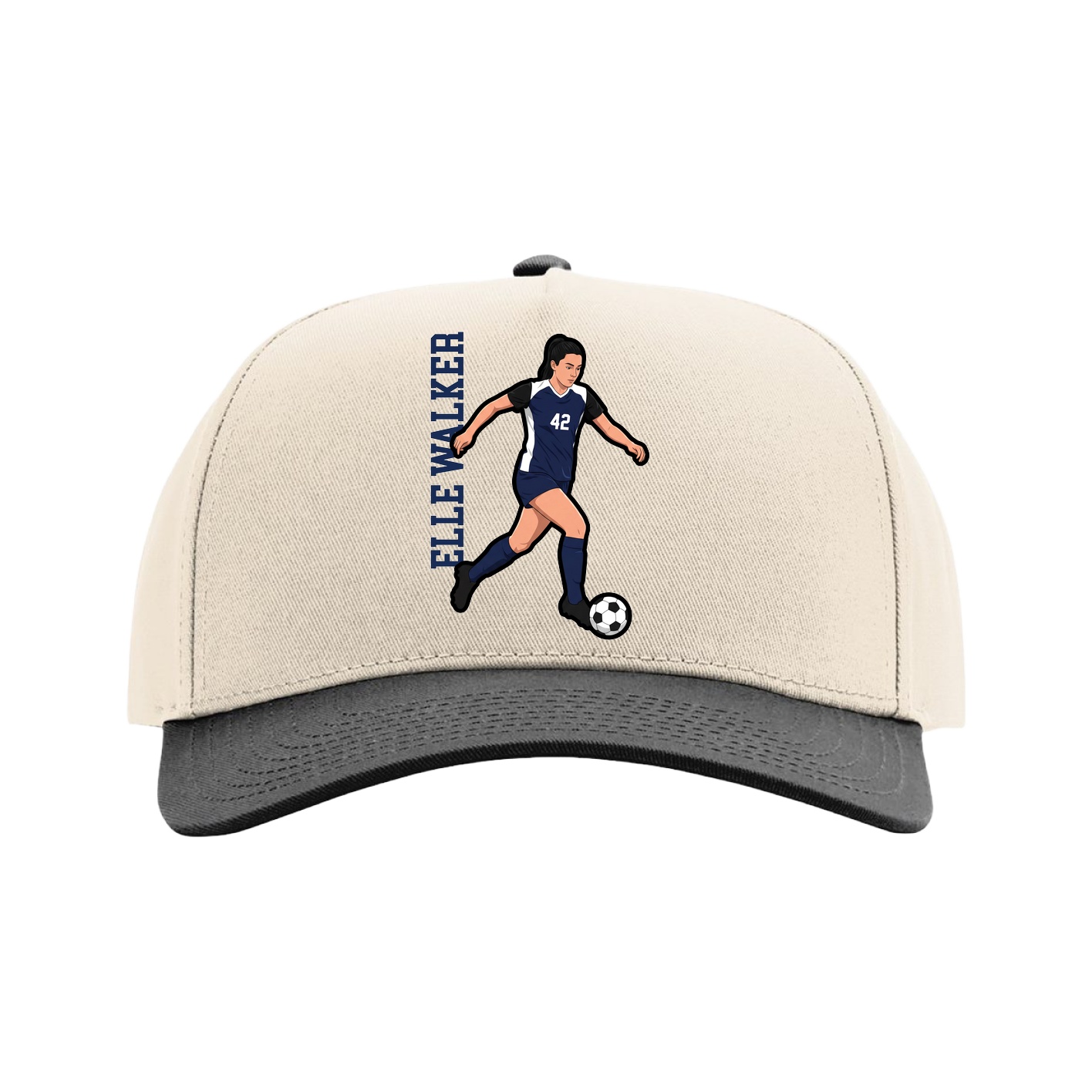 Full Fabric Five-Panel Champ Cap — Name Vertical in Cream/Black