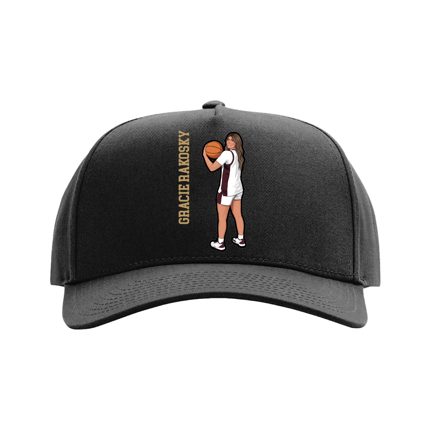 Full Fabric Five-Panel Champ Cap — Name Vertical in Black