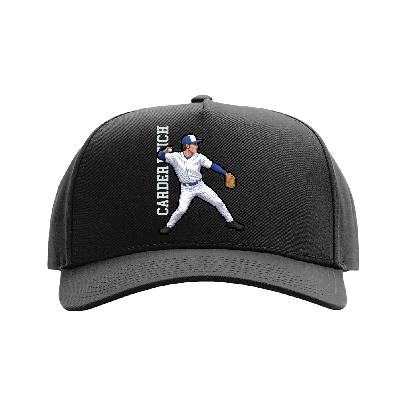 Full Fabric Five-Panel Champ Cap — Name Vertical in Black