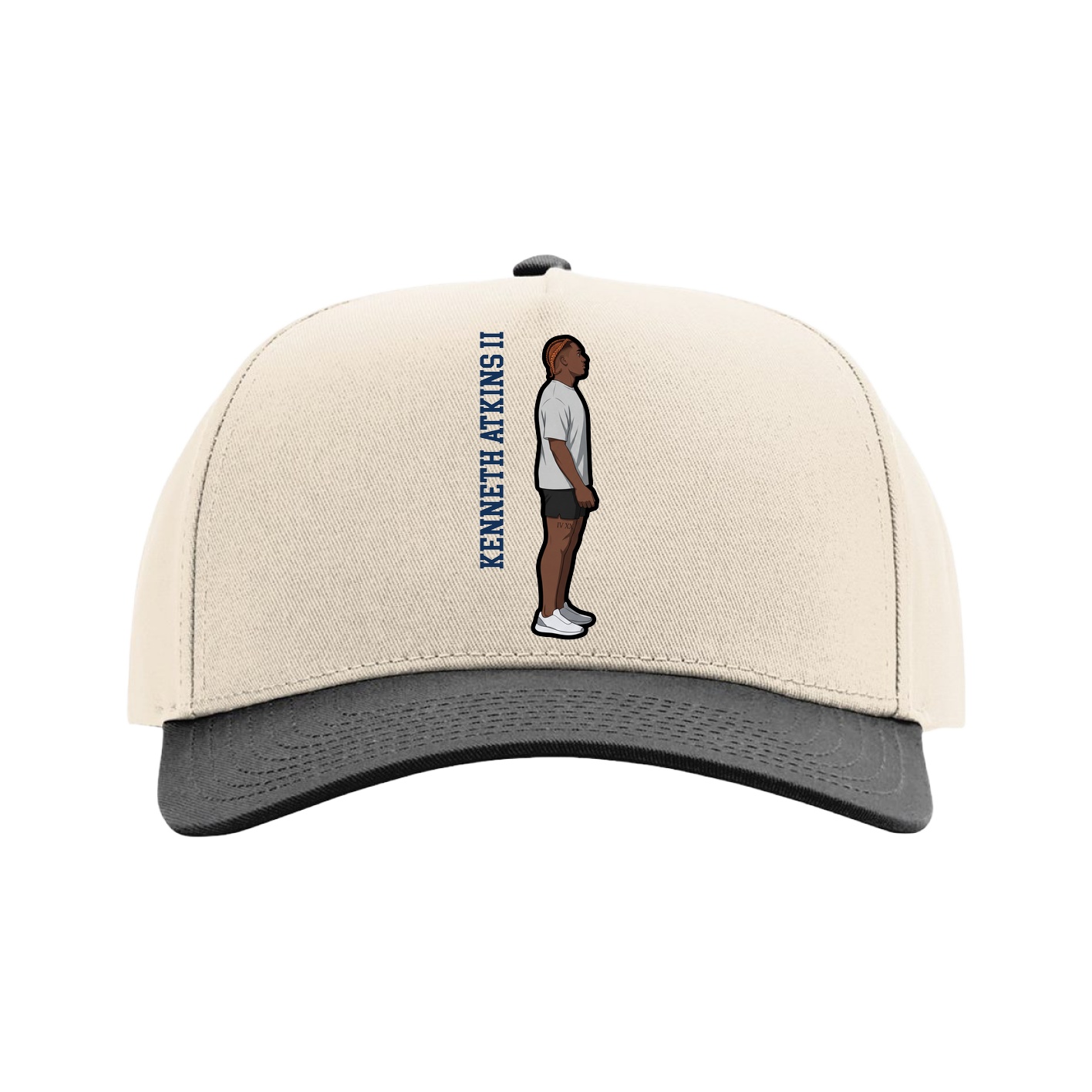 Full Fabric Five-Panel Champ Cap — Name Vertical in Cream/Black