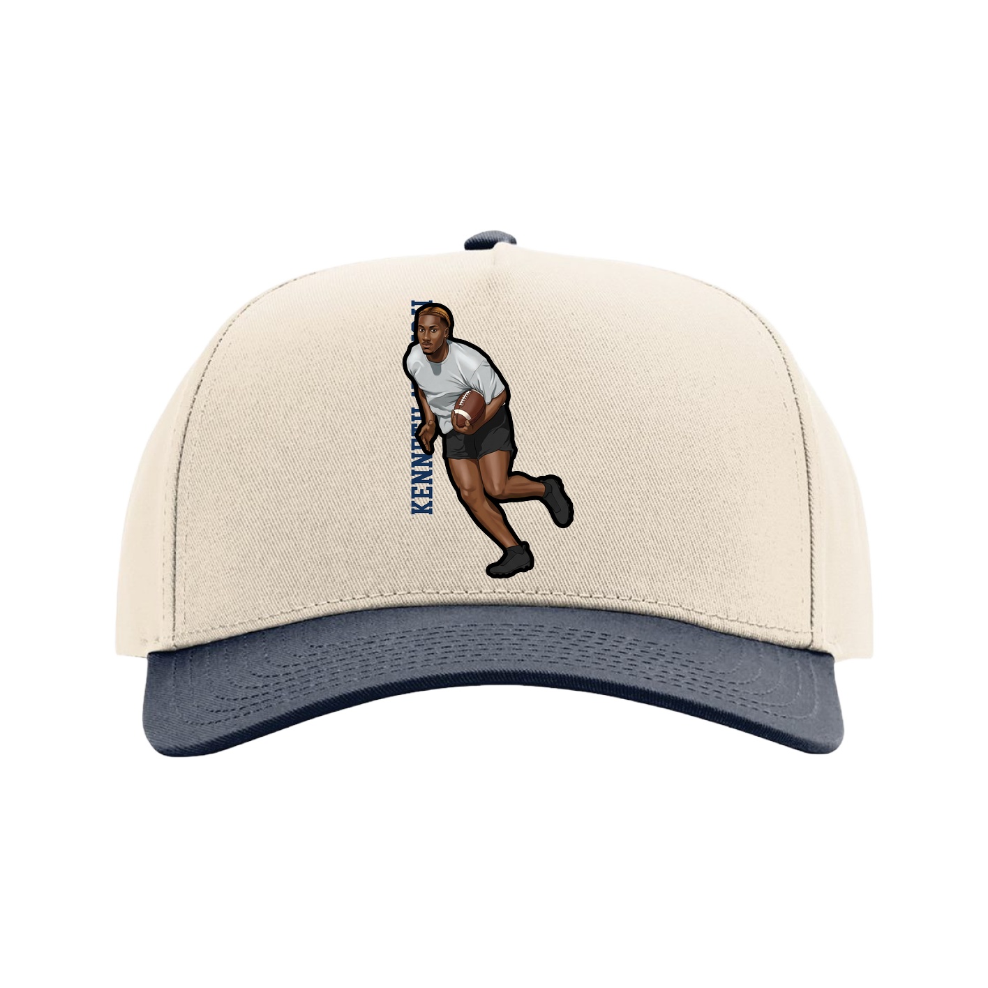 Full Fabric Five-Panel Champ Cap — Name Vertical in Cream/Navy