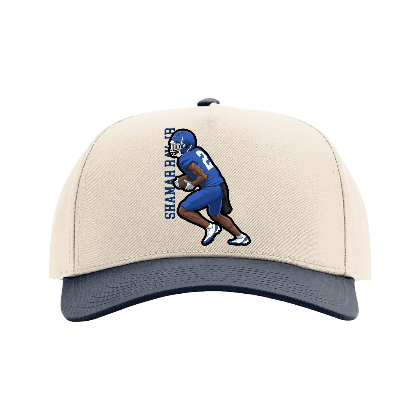 Full Fabric Five-Panel Champ Cap — Name Vertical in Cream/Navy