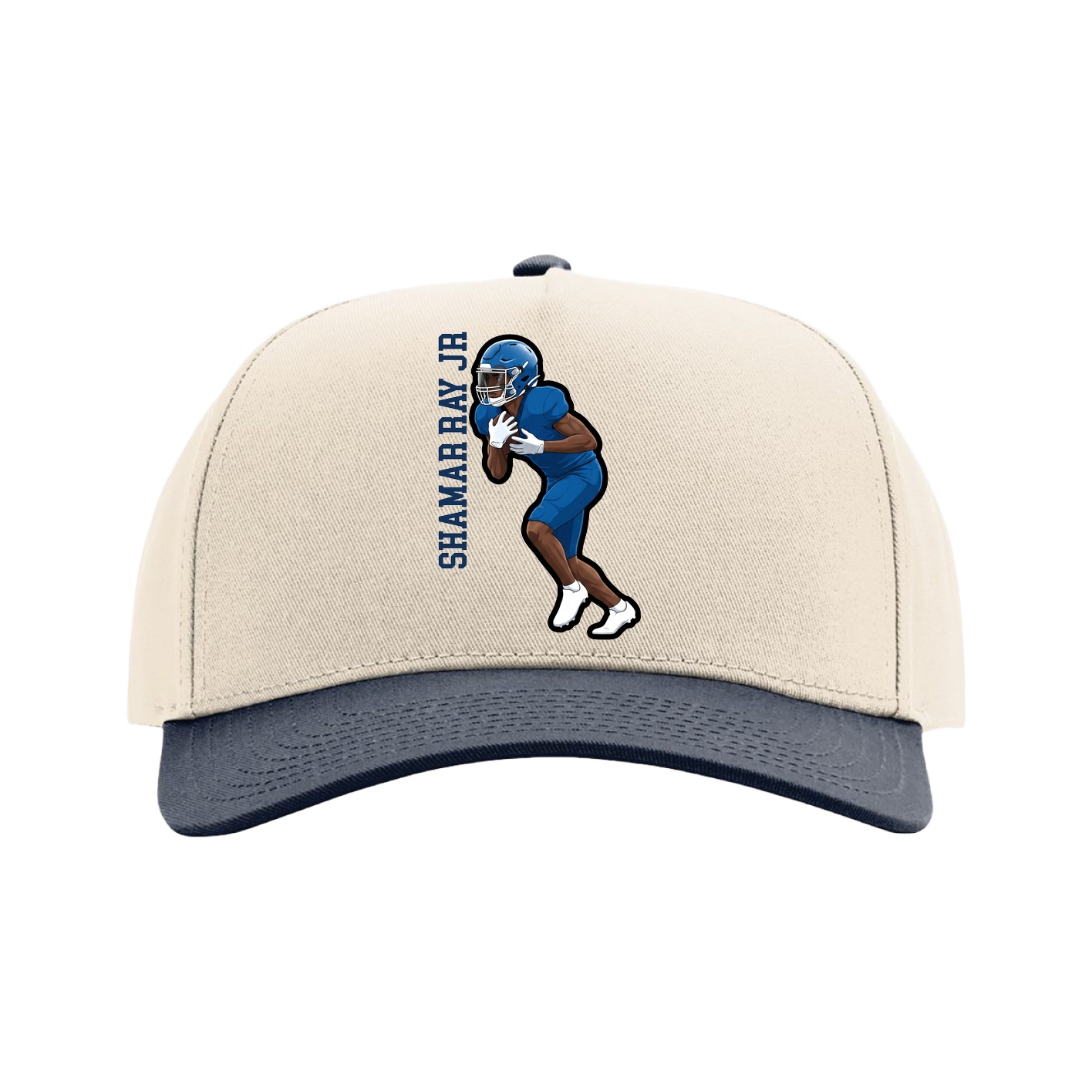 Full Fabric Five-Panel Champ Cap — Name Vertical in Cream/Navy