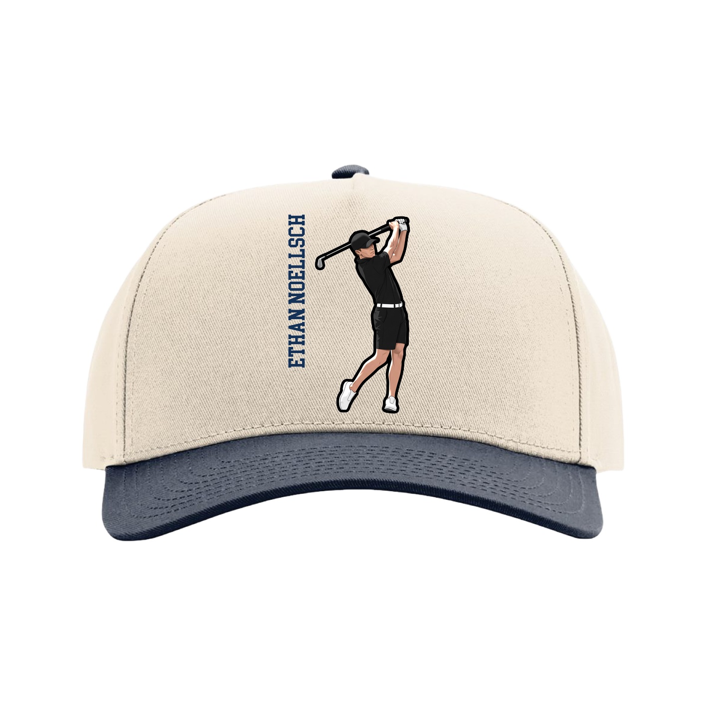 Full Fabric Five-Panel Champ Cap — Name Vertical in Cream/Navy