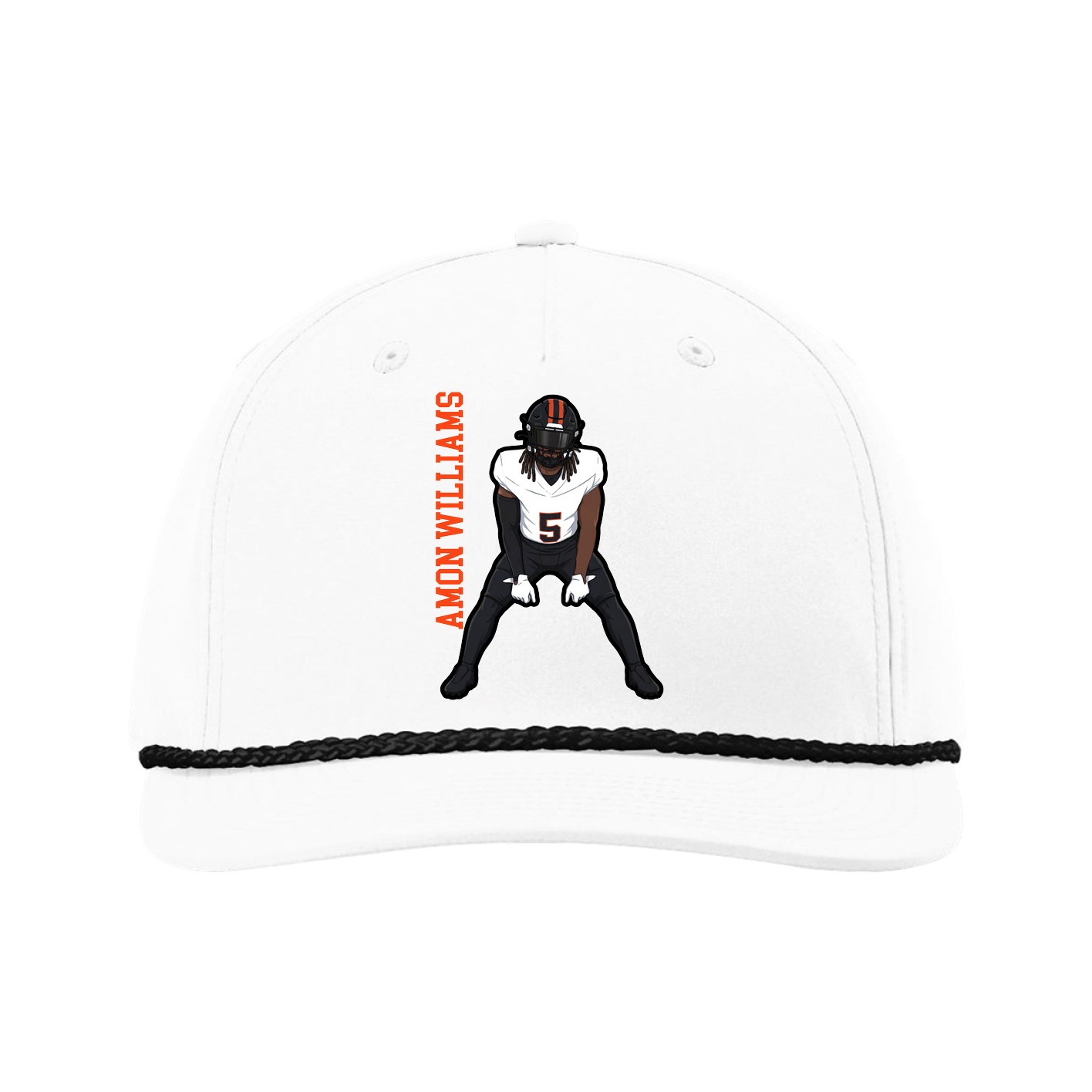 Five-Panel Classic Rope Cap — Name Vertical in White