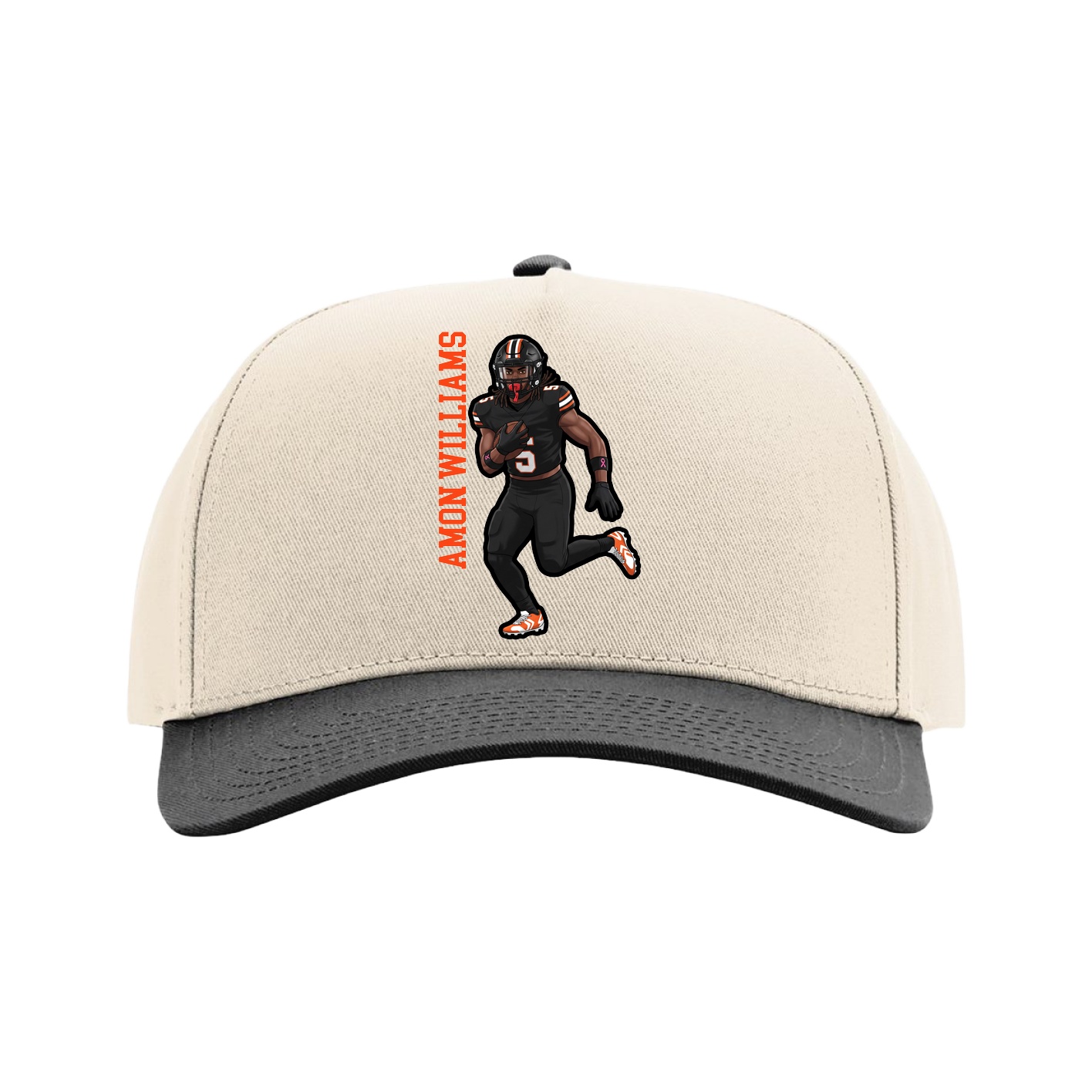 Full Fabric Five-Panel Champ Cap — Name Vertical in Cream/Black