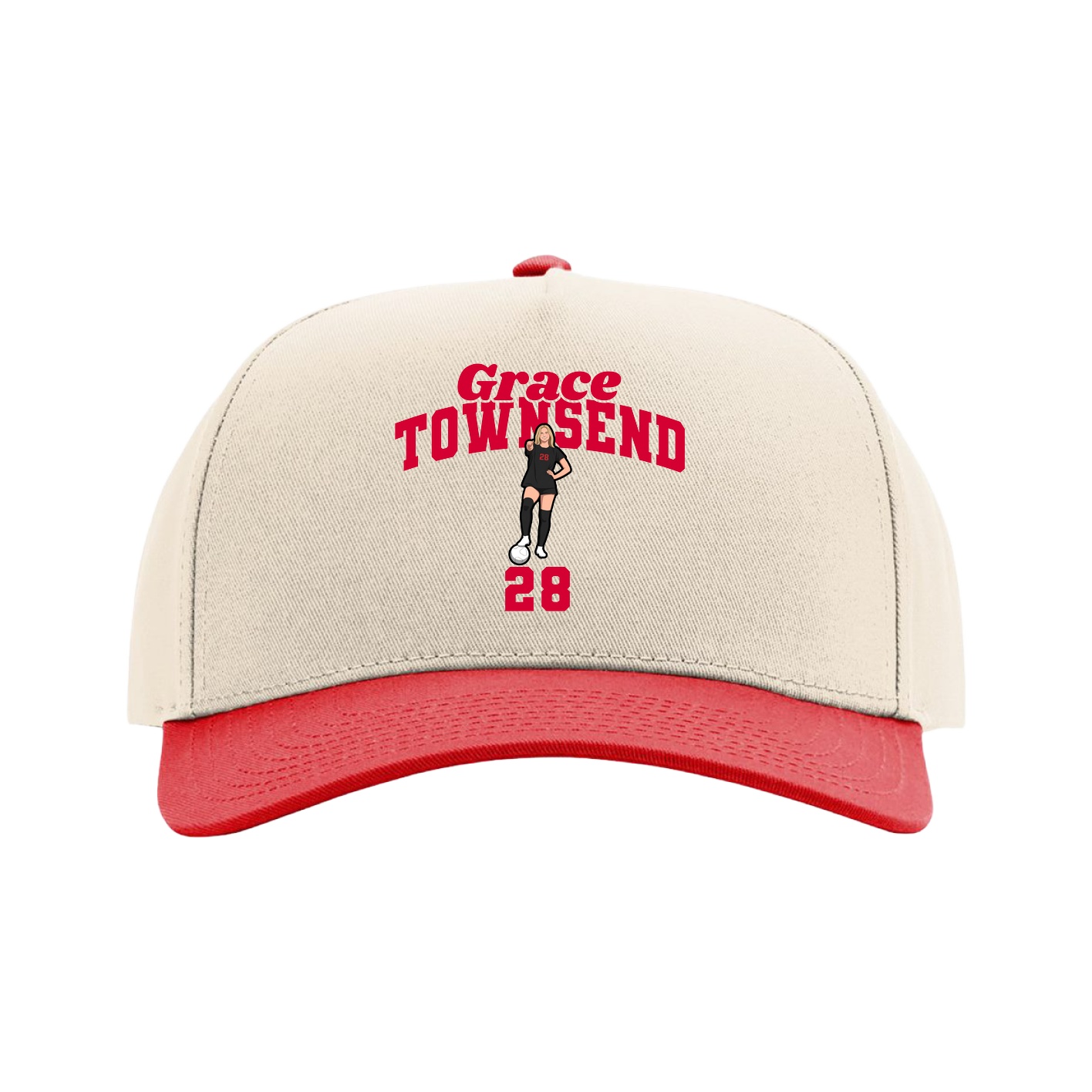 Full Fabric Five-Panel Champ Cap — Signature Arch in Cream/Red
