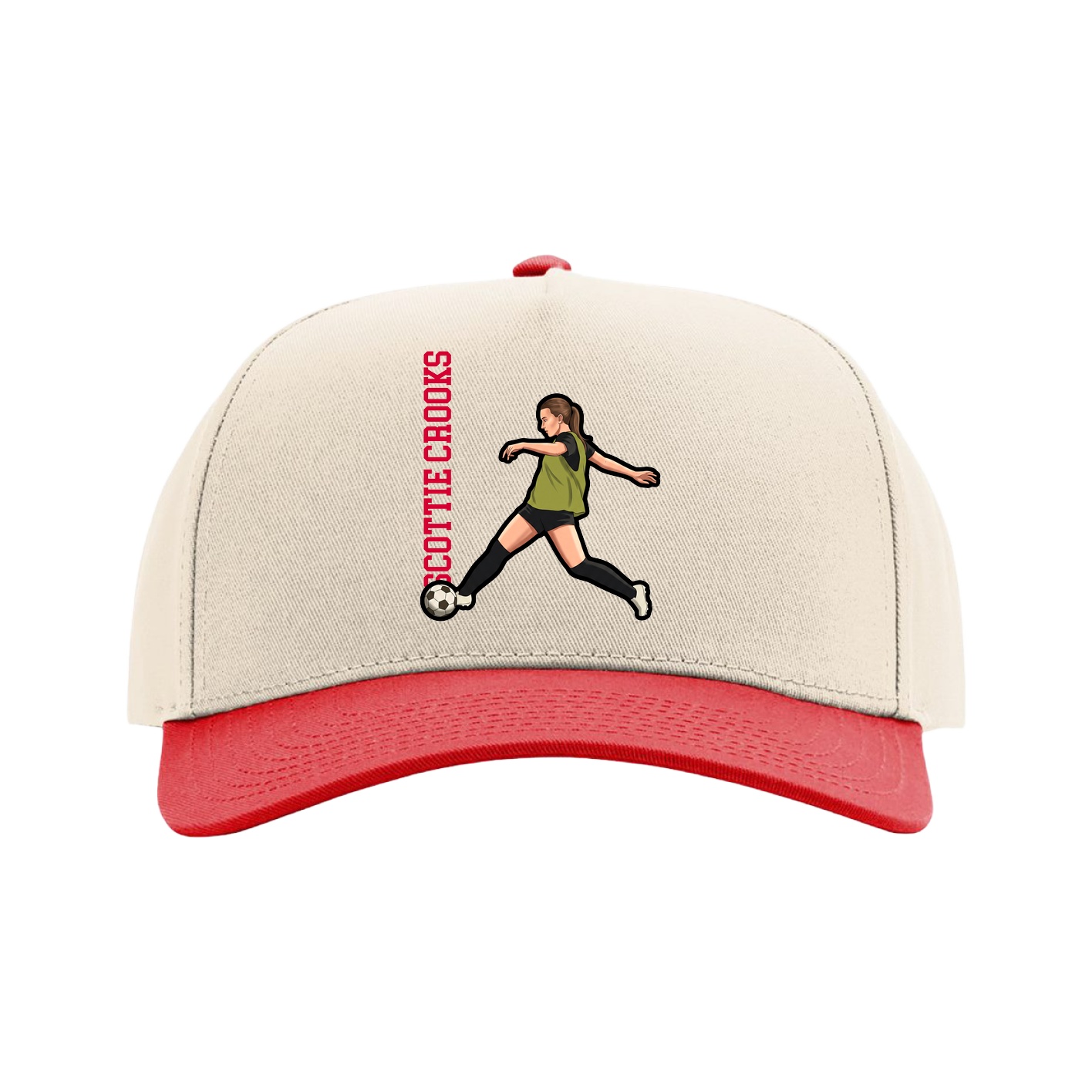 Full Fabric Five-Panel Champ Cap — Name Vertical in Cream/Red