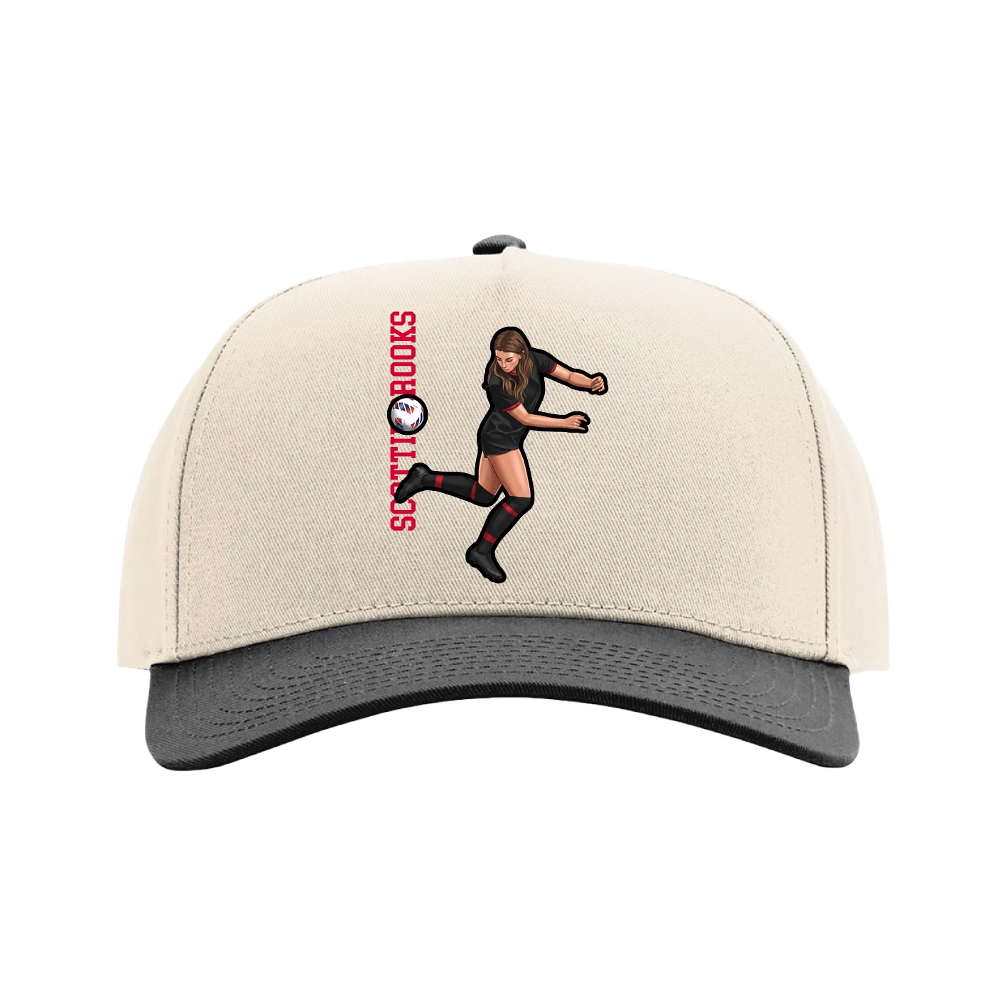 Full Fabric Five-Panel Champ Cap — Name Vertical in Cream/Black