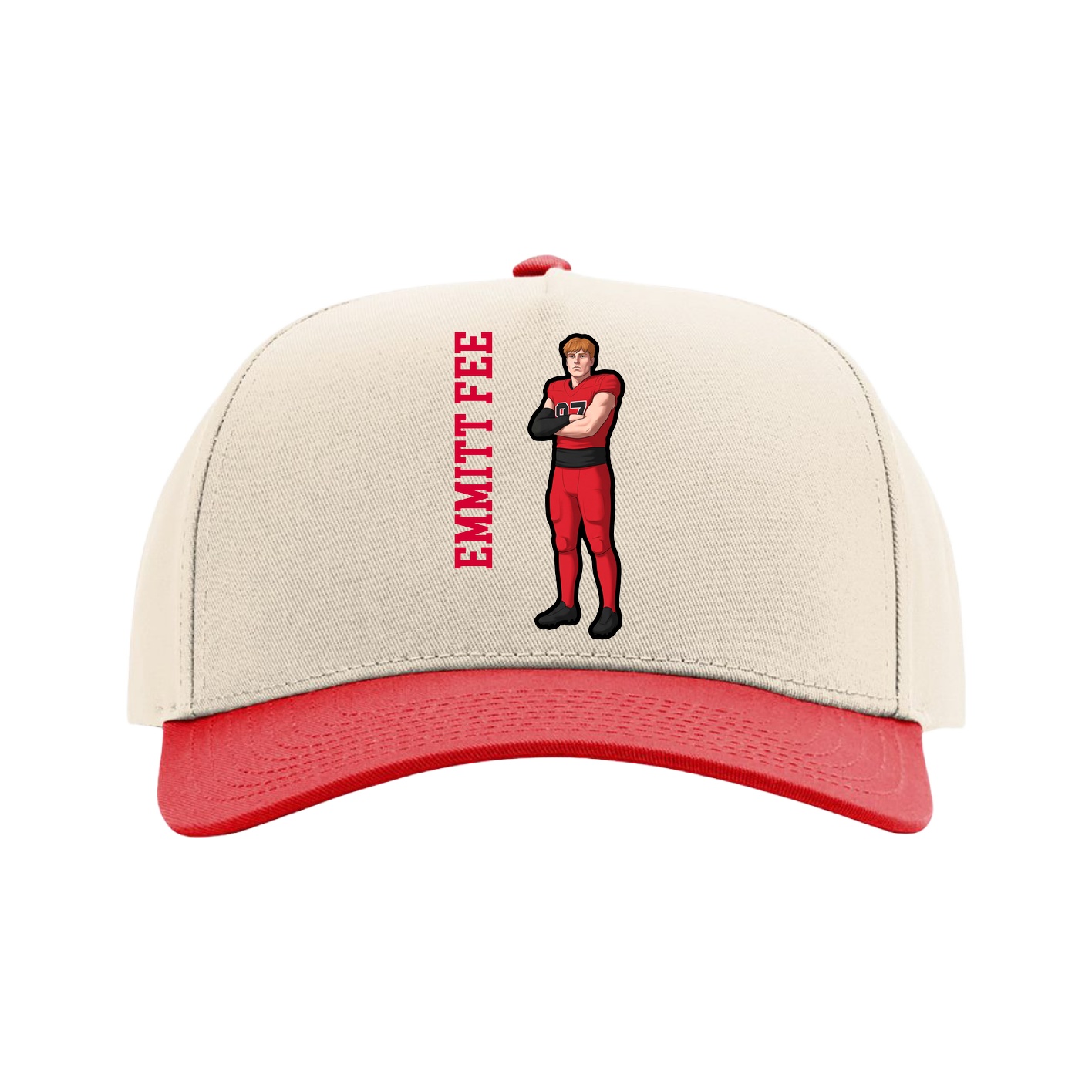 Full Fabric Five-Panel Champ Cap — Name Vertical in Cream/Red