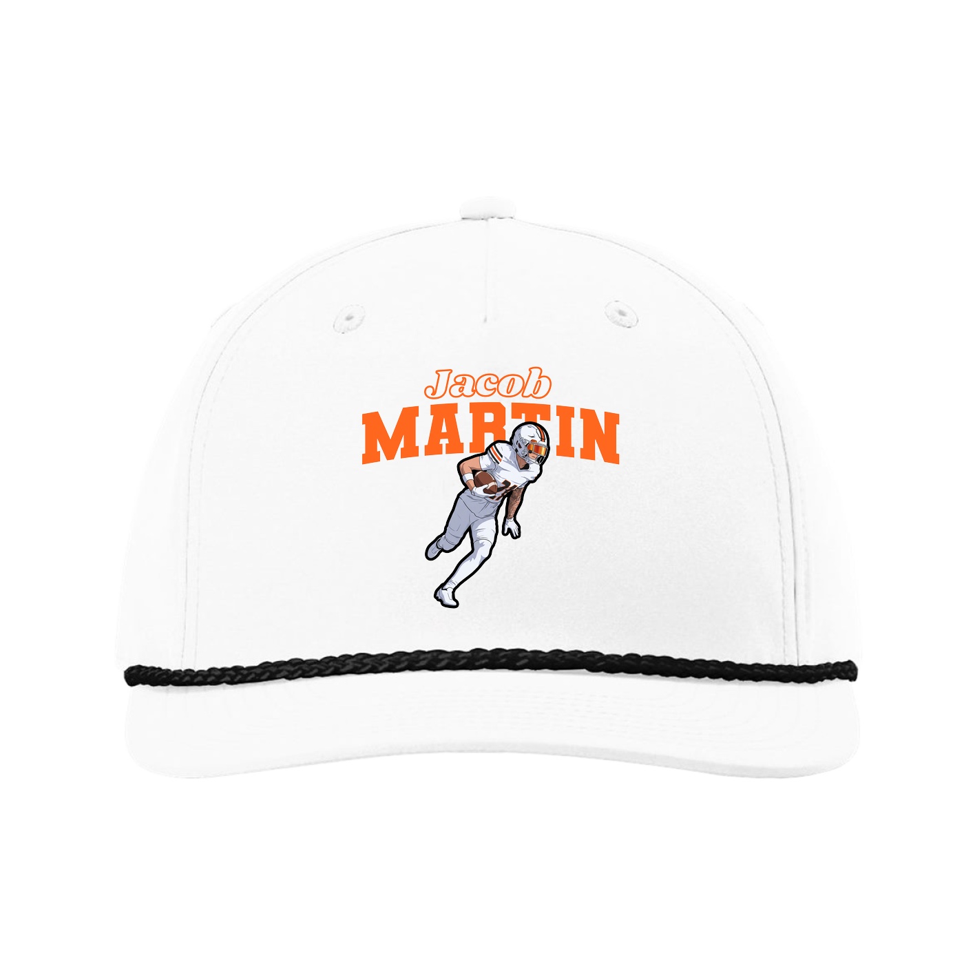 Five-Panel Classic Rope Cap — Name Arch in White