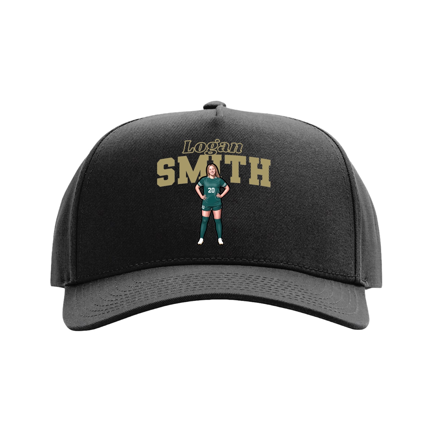 Full Fabric Five-Panel Champ Cap — Name Arch in Black