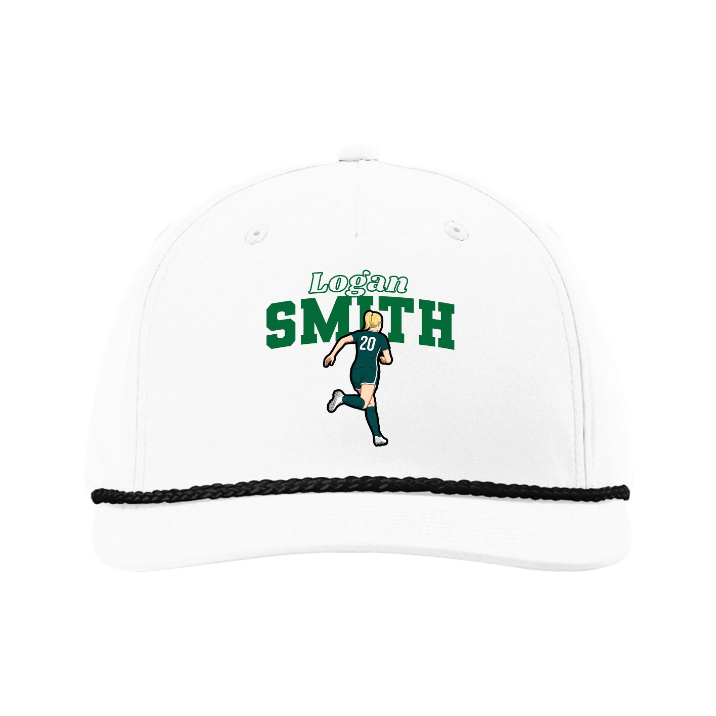 Five-Panel Classic Rope Cap — Name Arch in White
