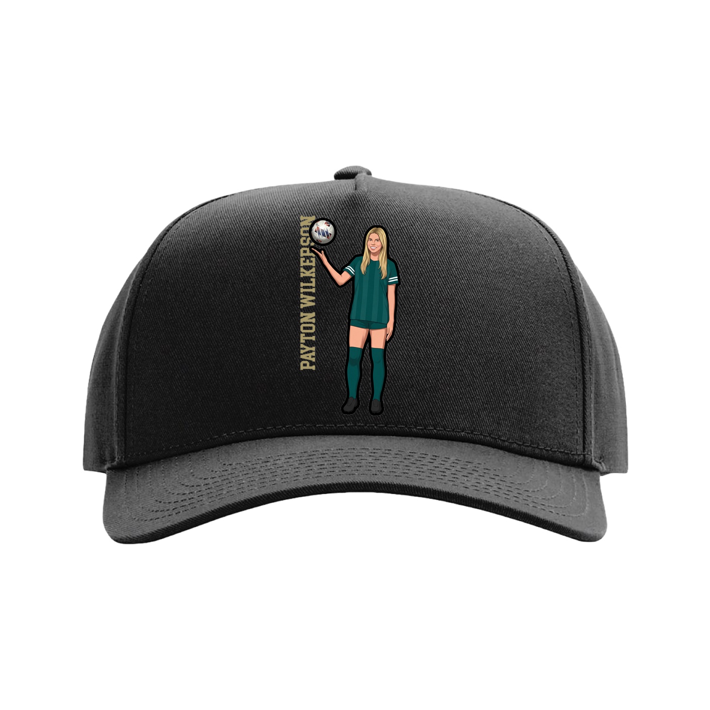 Full Fabric Five-Panel Champ Cap — Name Vertical in Black