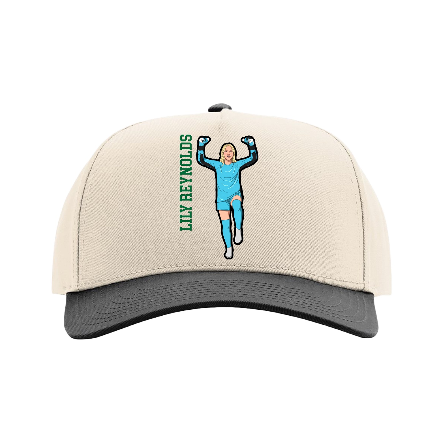 Full Fabric Five-Panel Champ Cap — Name Vertical in Cream/Black