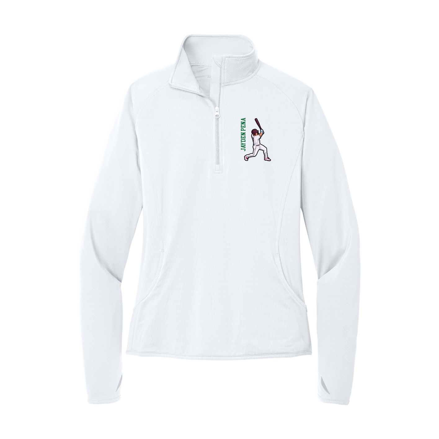 Women's Q-Zip Pullover — Name Vertical in White