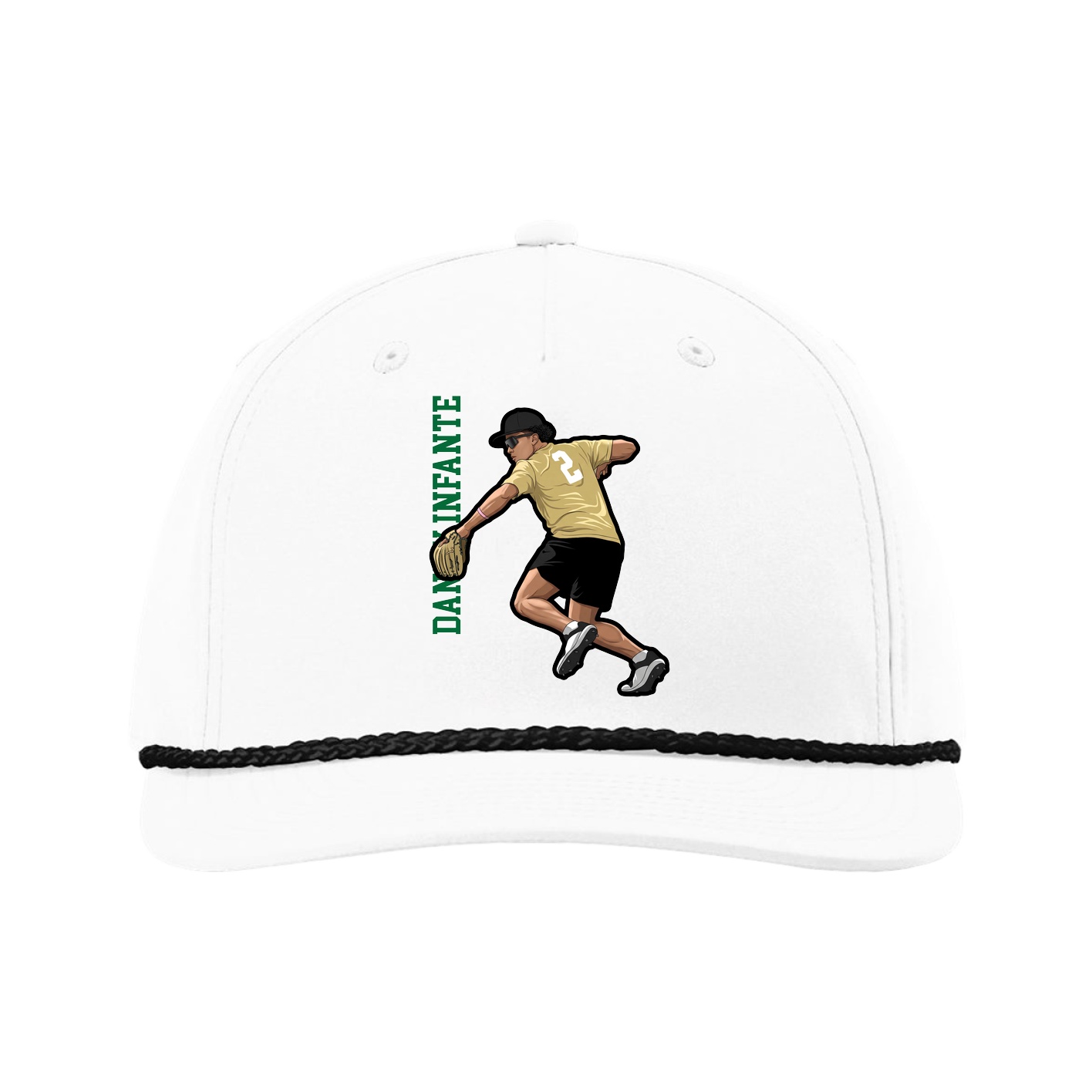 Five-Panel Classic Rope Cap — Name Vertical in White