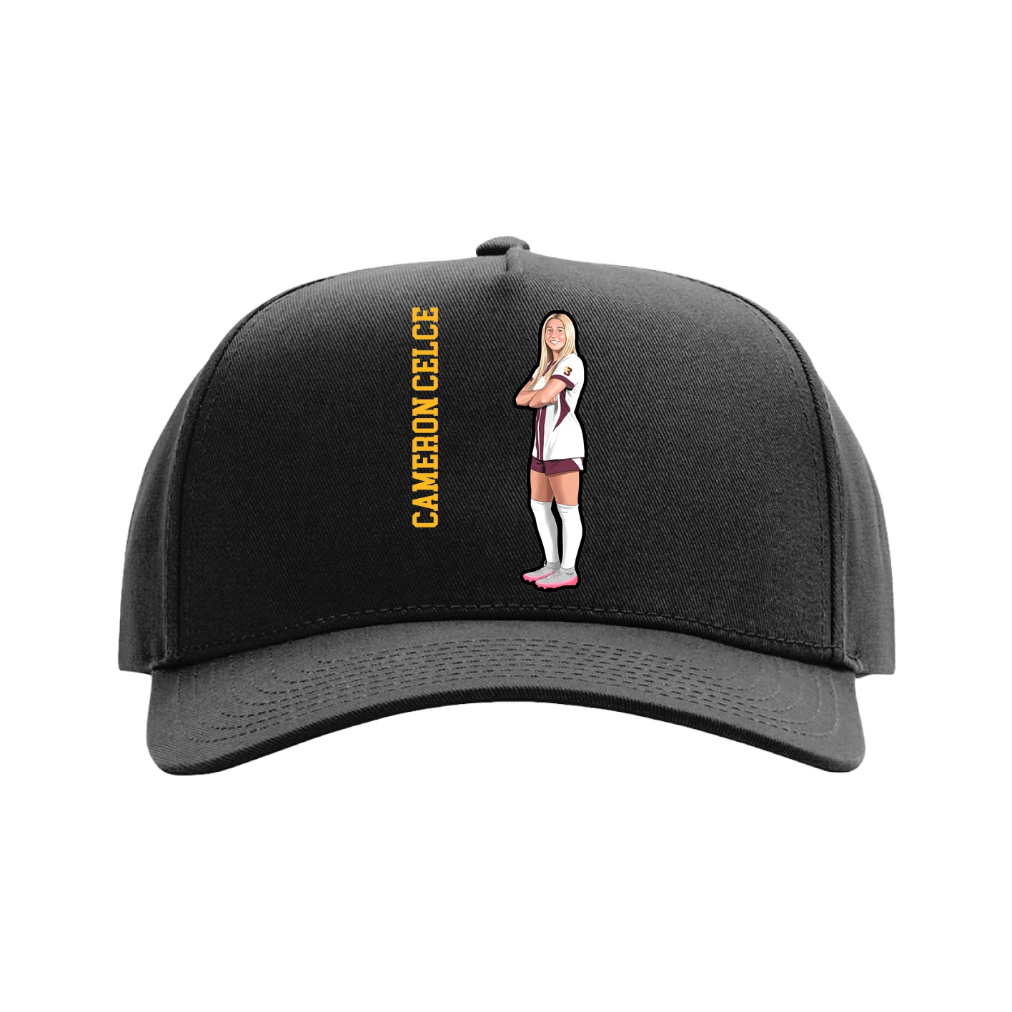 Full Fabric Five-Panel Champ Cap — Name Vertical in Black