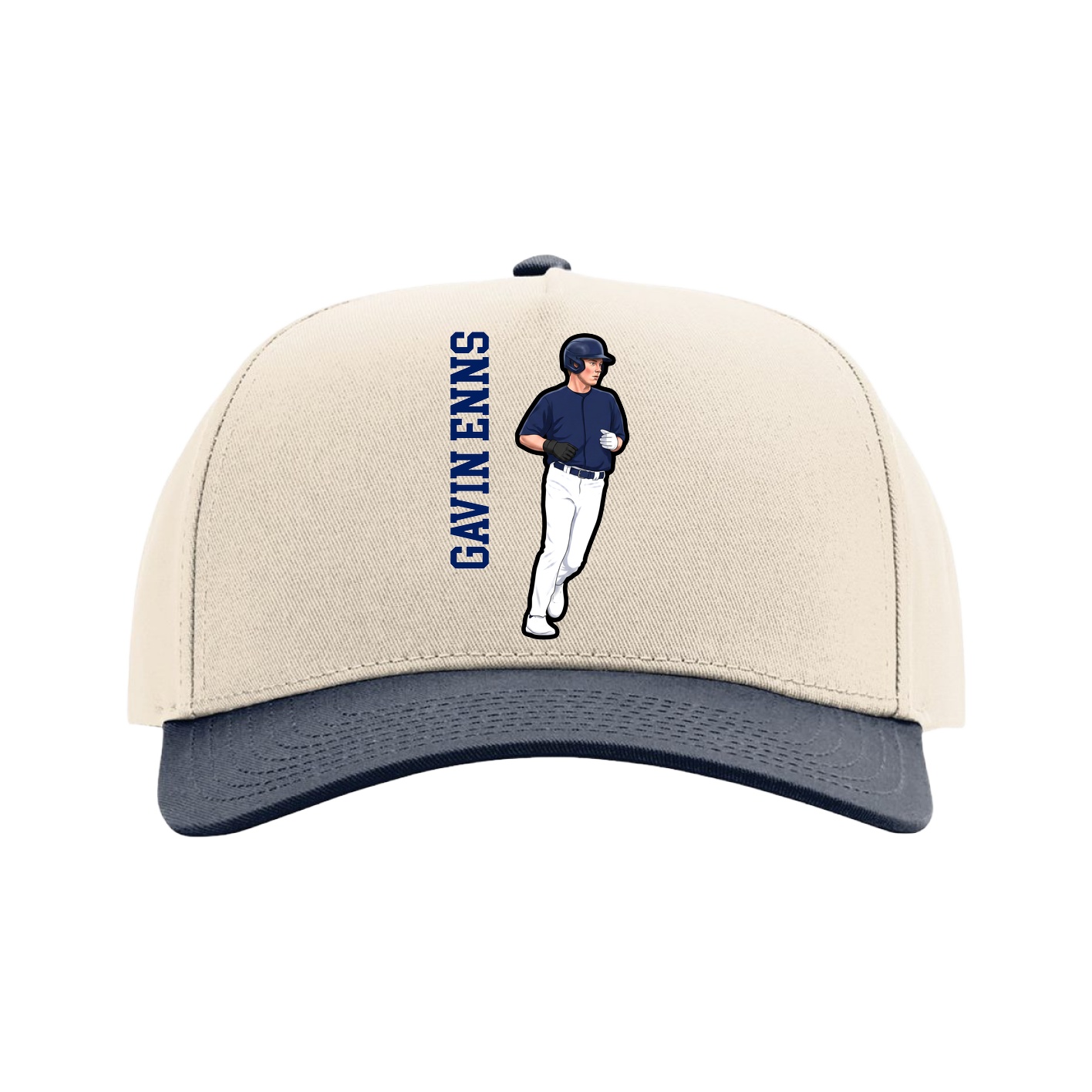 Full Fabric Five-Panel Champ Cap — Name Vertical in Cream/Navy