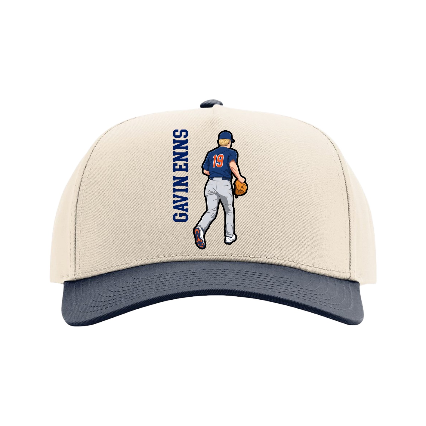 Full Fabric Five-Panel Champ Cap — Name Vertical in Cream/Navy