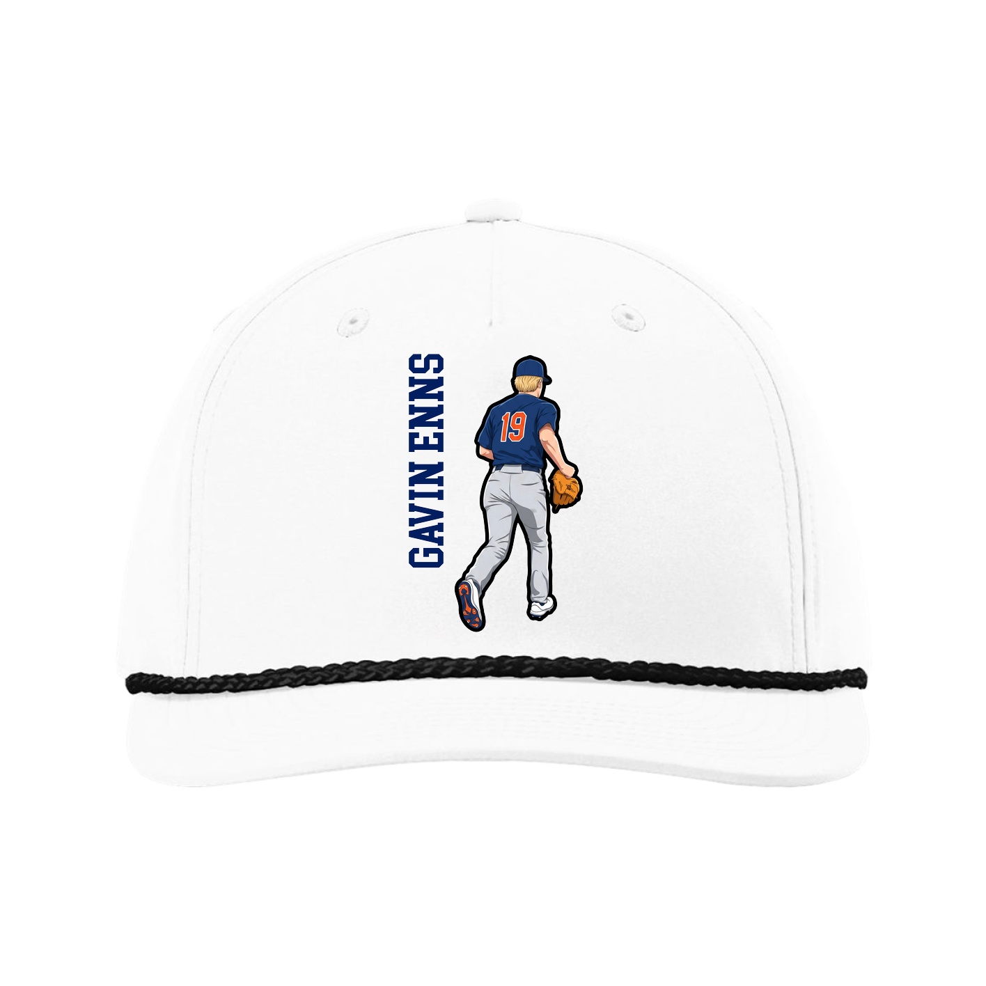 Five-Panel Classic Rope Cap — Name Vertical in White
