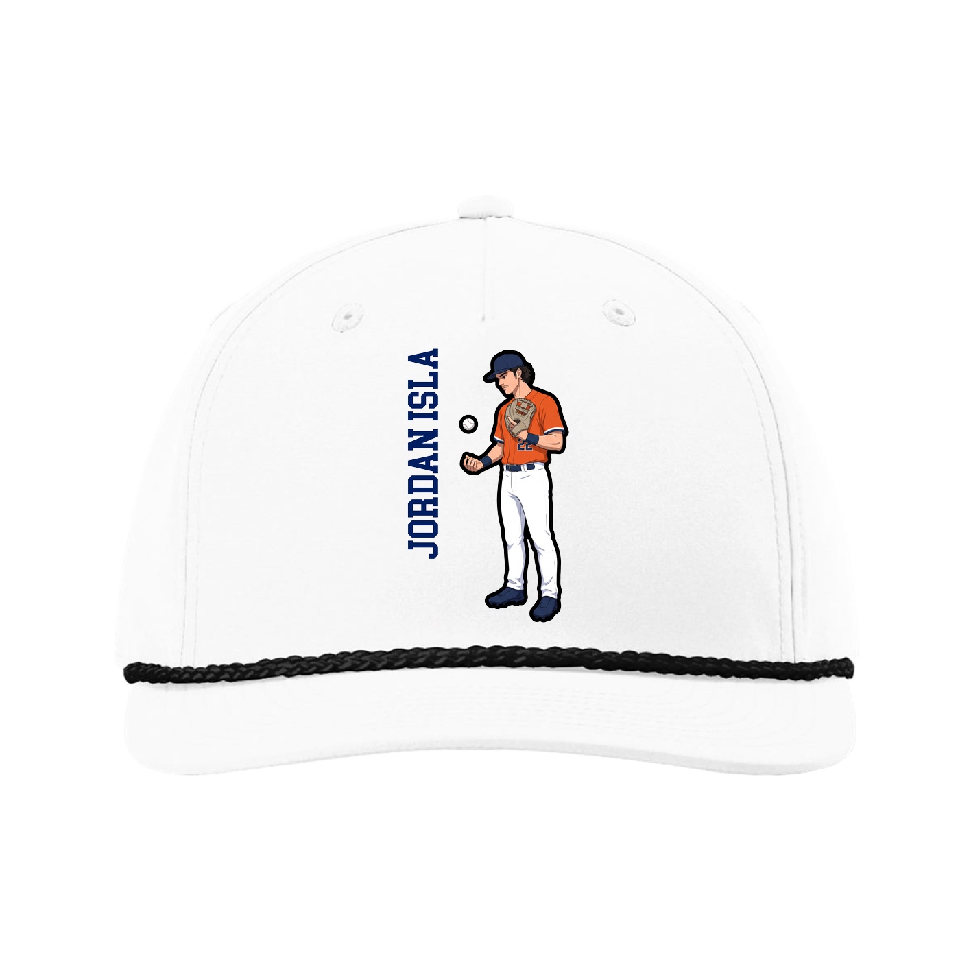 Five-Panel Classic Rope Cap — Name Vertical in White