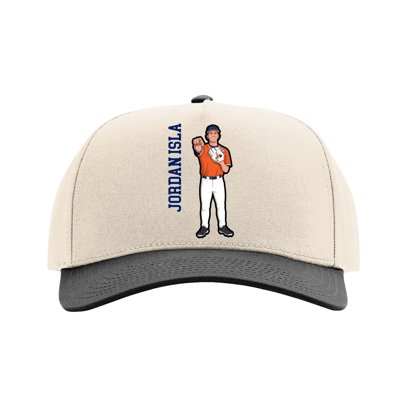 Full Fabric Five-Panel Champ Cap — Name Vertical in Cream/Black