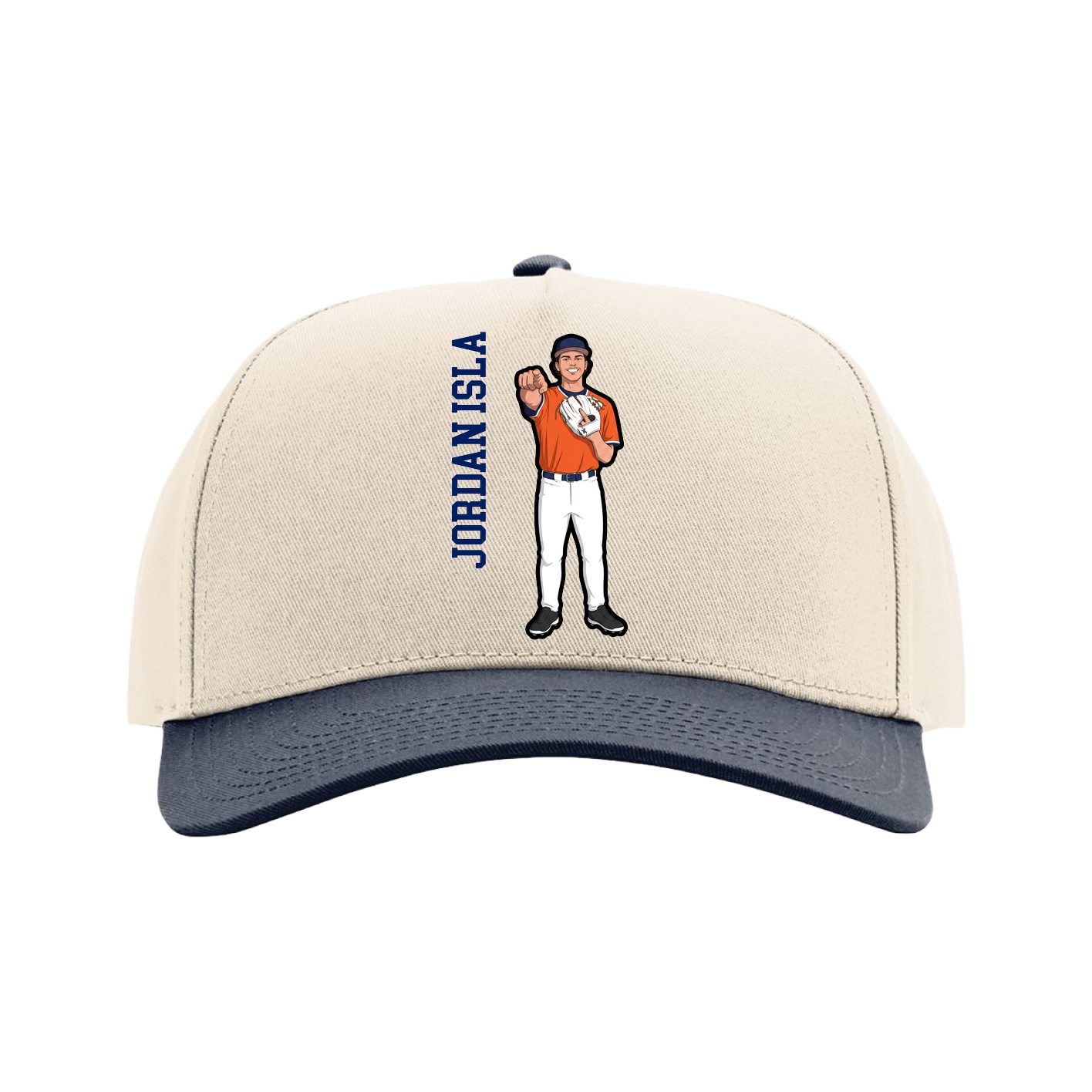 Full Fabric Five-Panel Champ Cap — Name Vertical in Cream/Navy