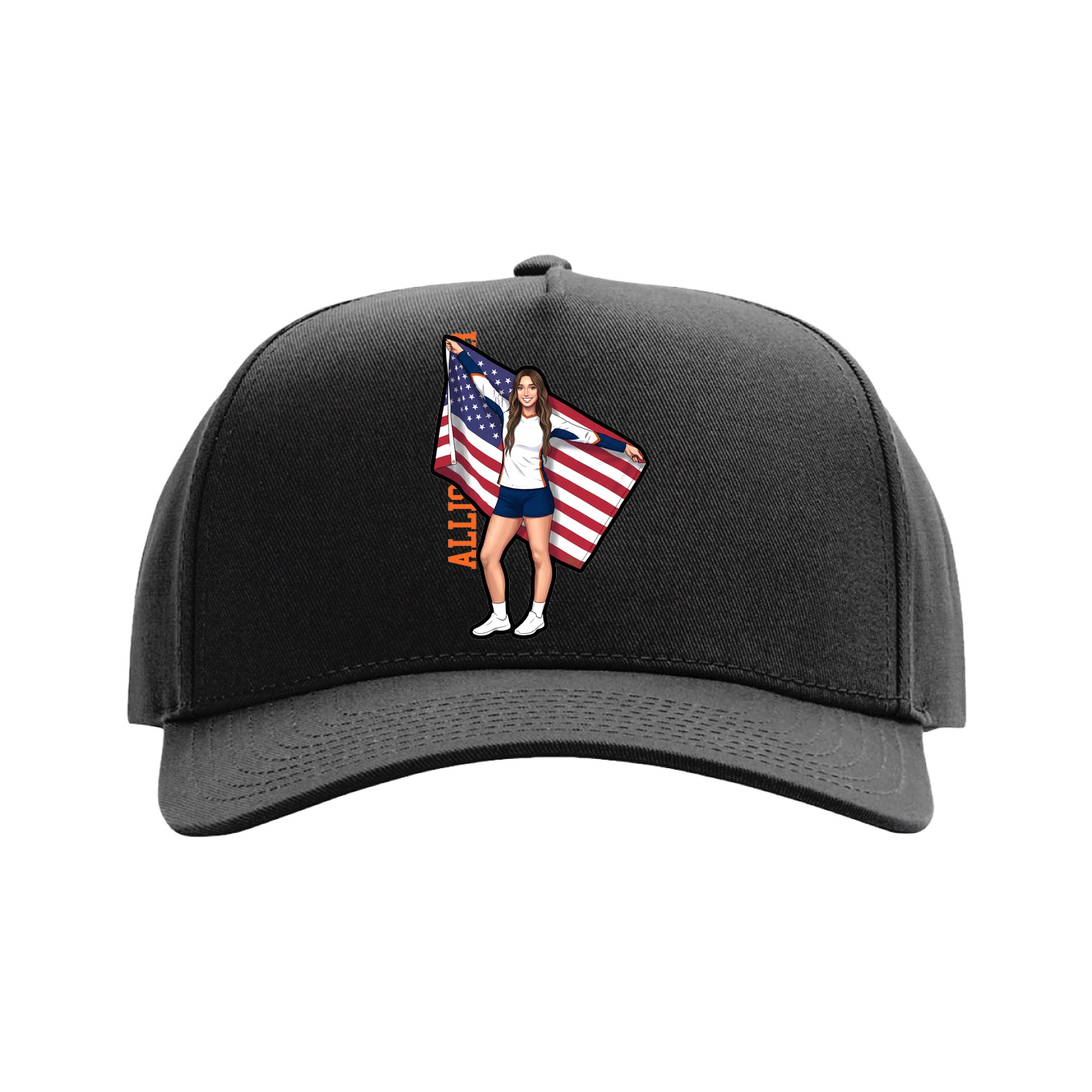 Full Fabric Five-Panel Champ Cap — Name Vertical in Black