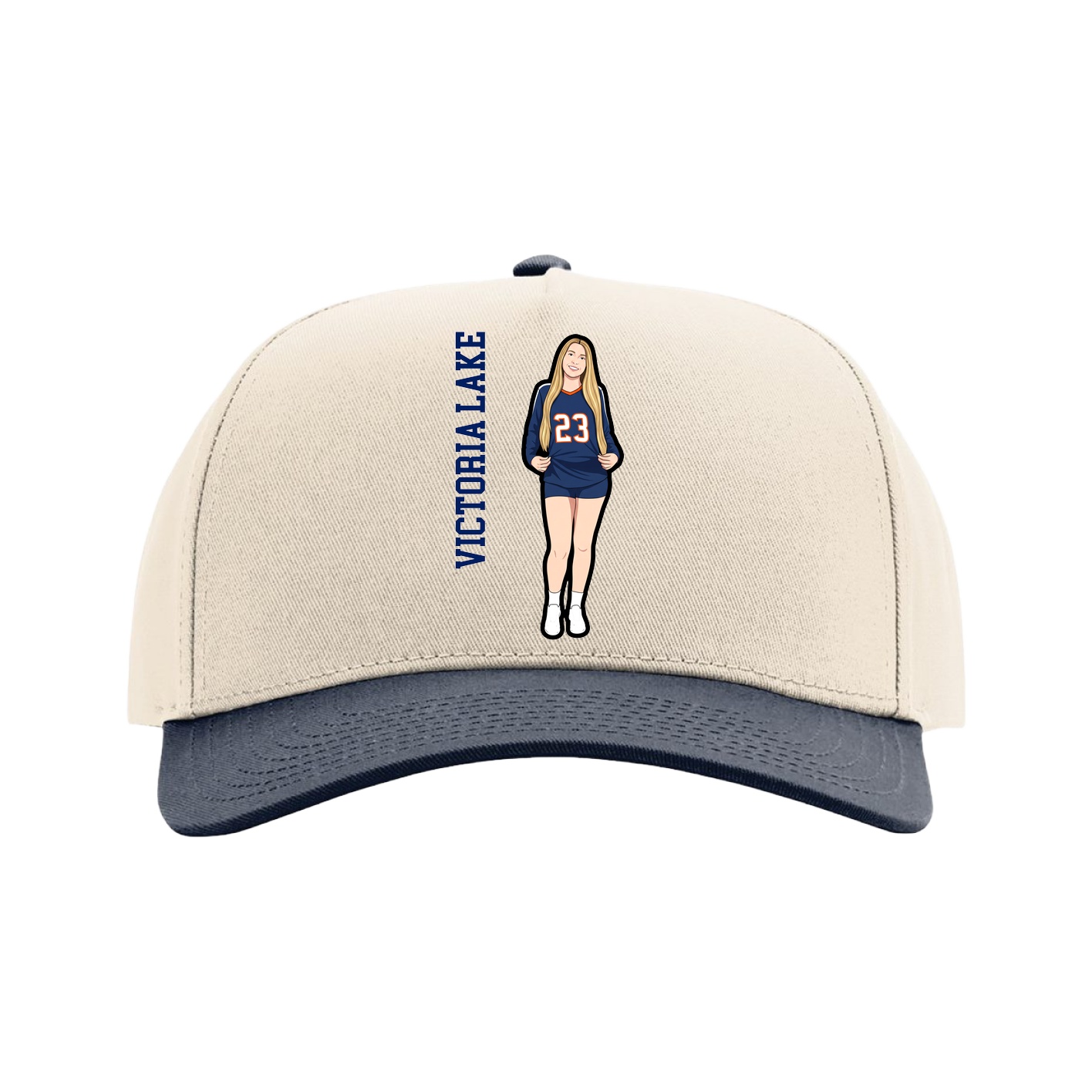 Full Fabric Five-Panel Champ Cap — Name Vertical in Cream/Navy