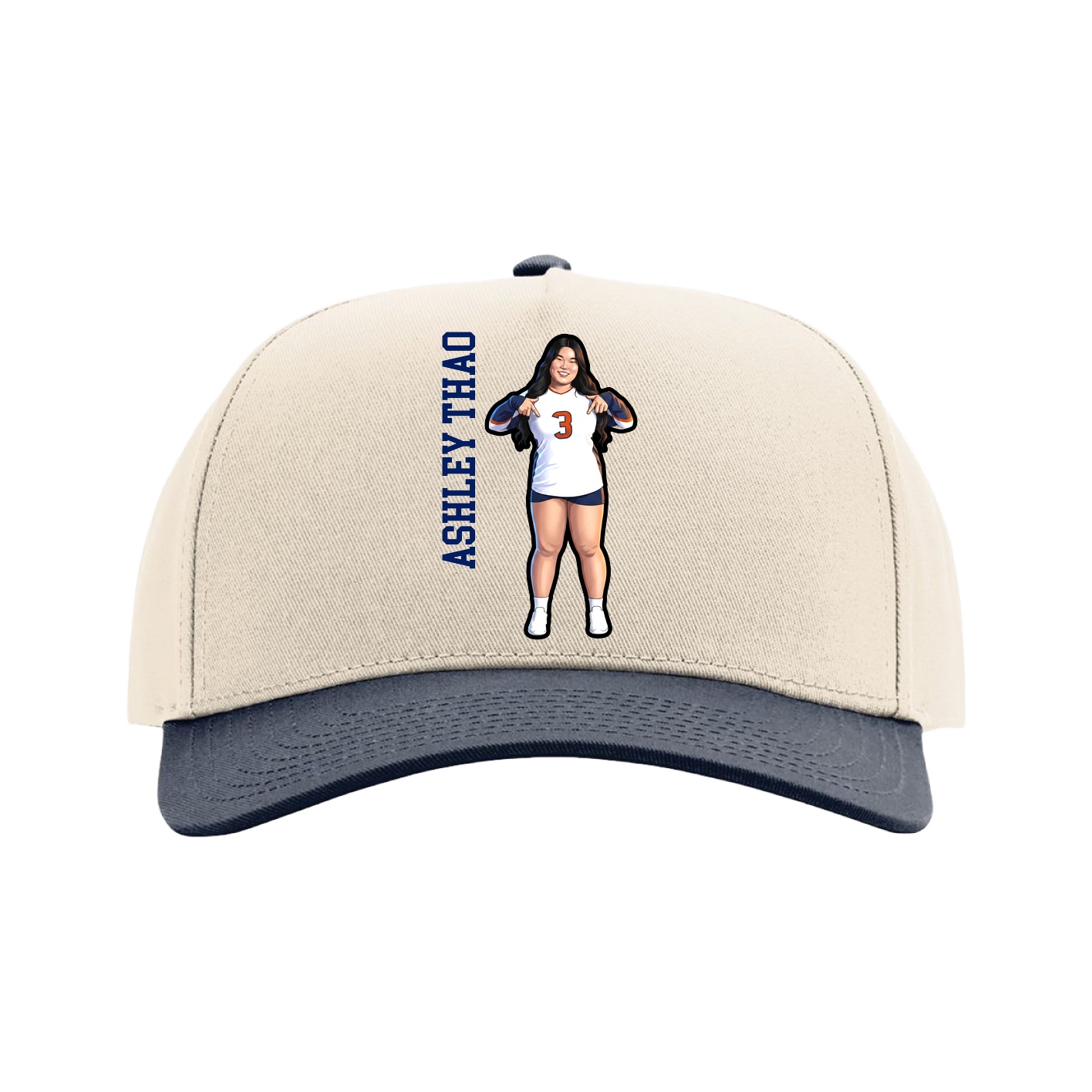 Full Fabric Five-Panel Champ Cap — Name Vertical in Cream/Navy