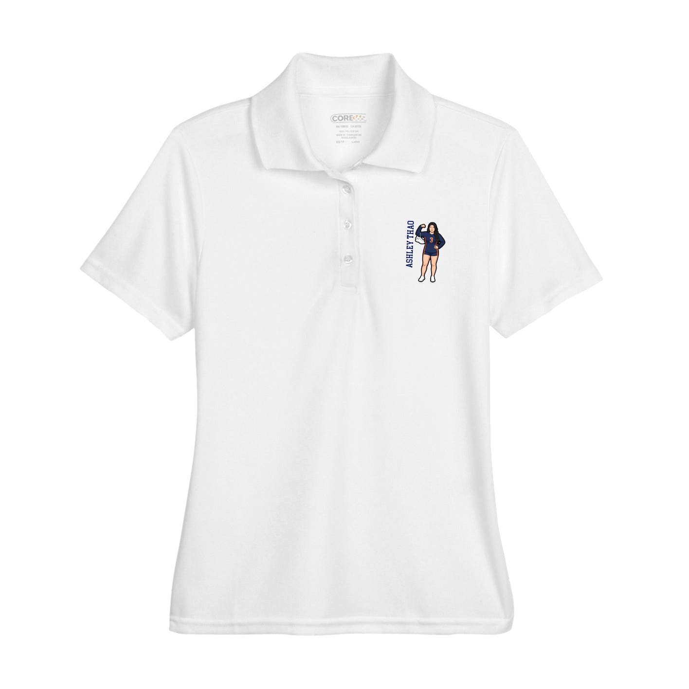 Womens Performance Polo — Name Vertical in White