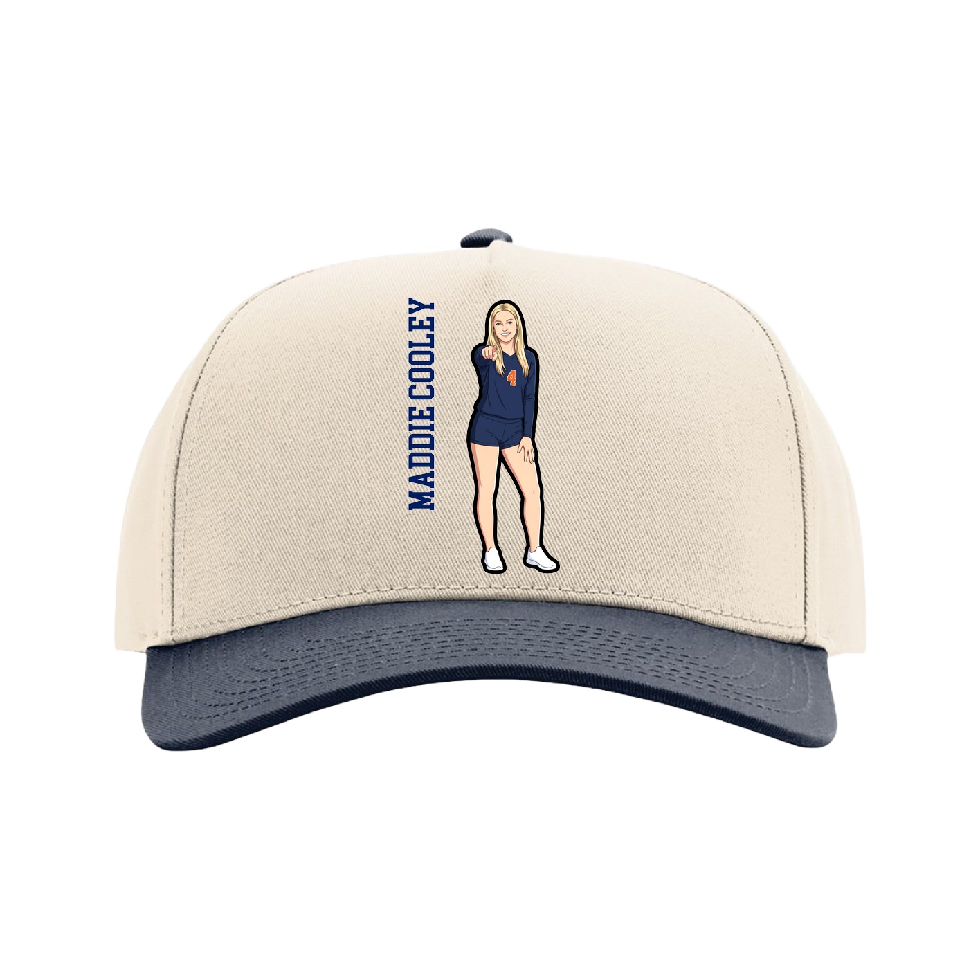 Full Fabric Five-Panel Champ Cap — Name Vertical in Cream/Navy