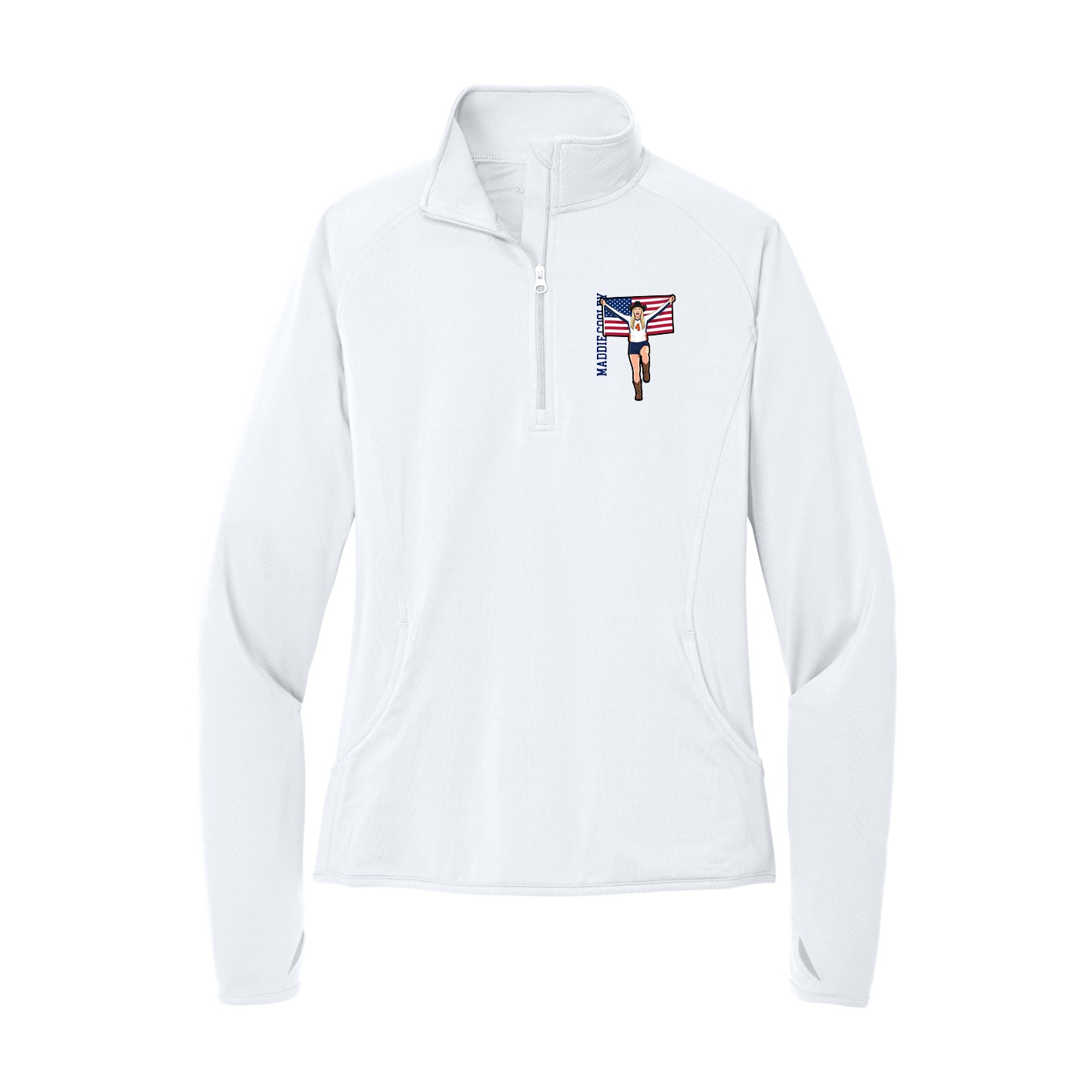 Women's Q-Zip Pullover — Name Vertical in White