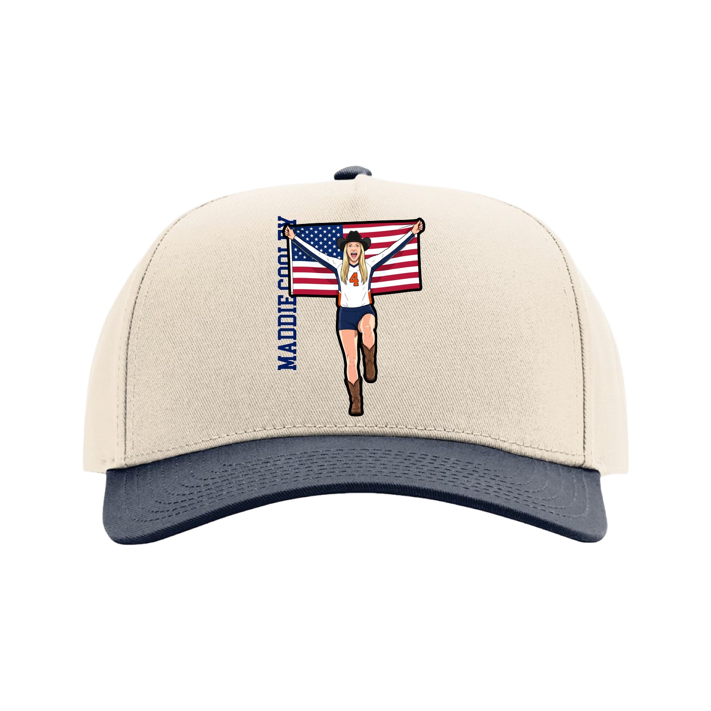 Full Fabric Five-Panel Champ Cap — Name Vertical in Cream/Navy