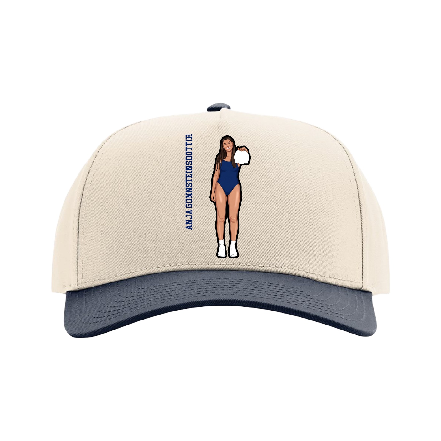 Full Fabric Five-Panel Champ Cap — Name Vertical in Cream/Navy
