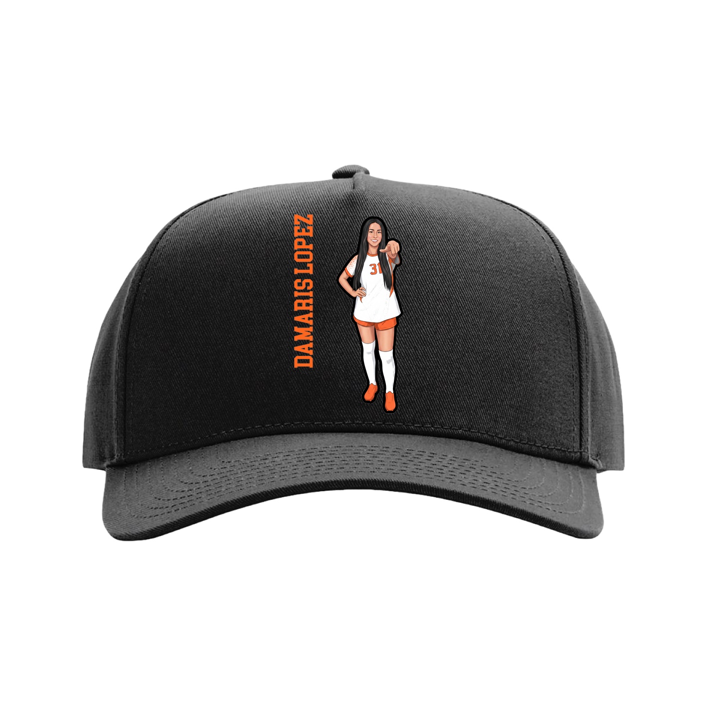Full Fabric Five-Panel Champ Cap — Name Vertical in Black