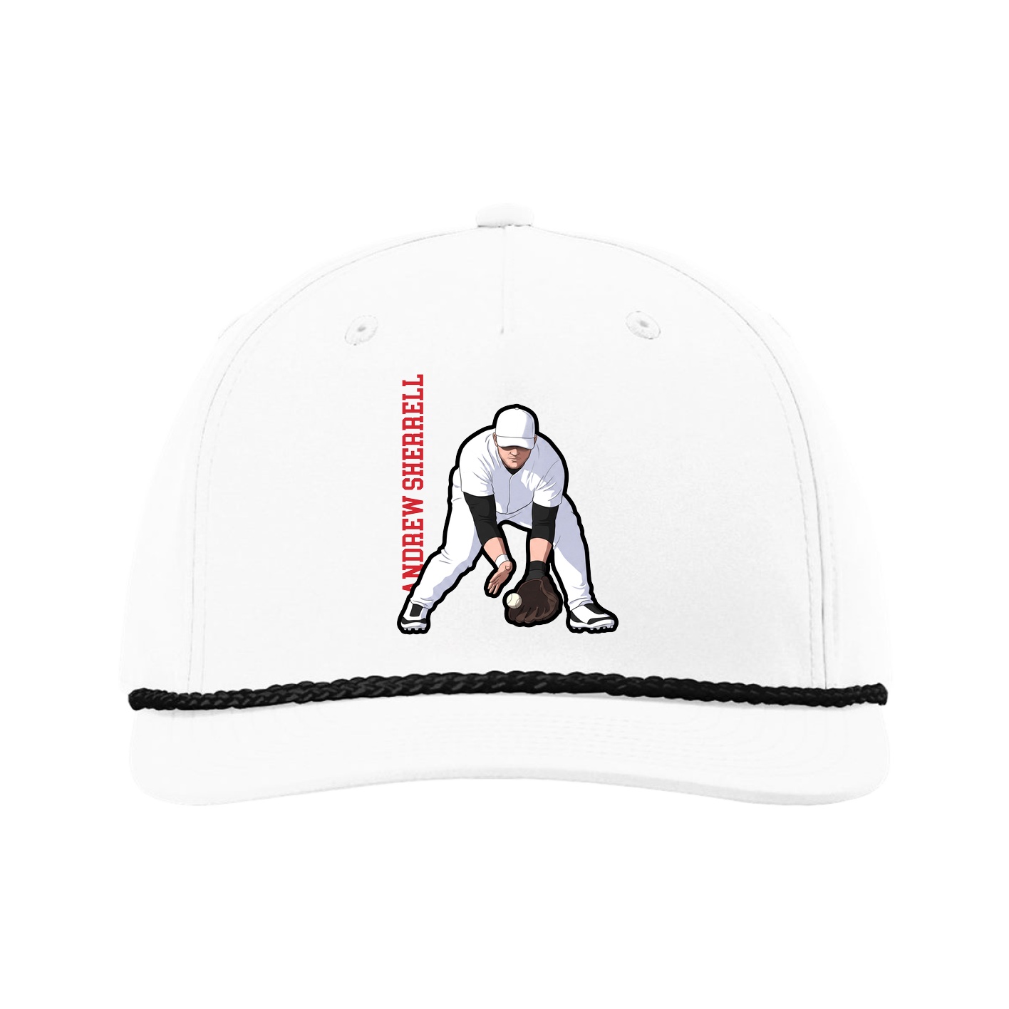 Five-Panel Classic Rope Cap — Name Vertical in White