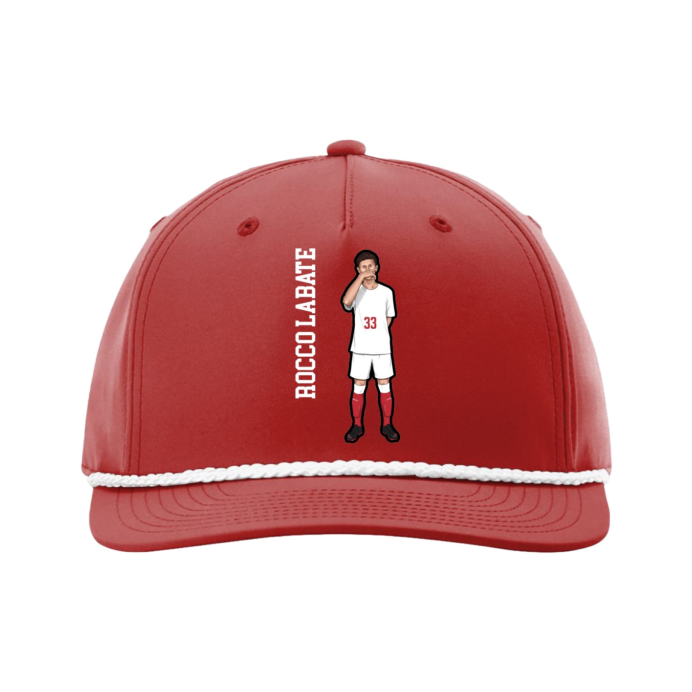 Five-Panel Classic Rope Cap — Name Vertical in Red