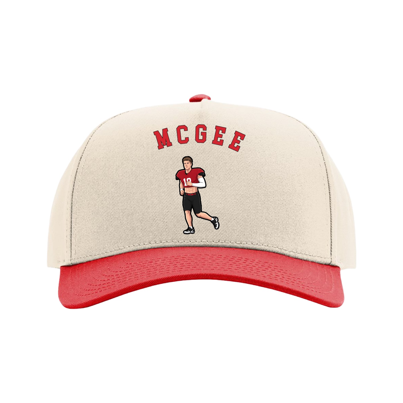 Full Fabric Five-Panel Champ Cap — Shirsey Arch in Cream/Red