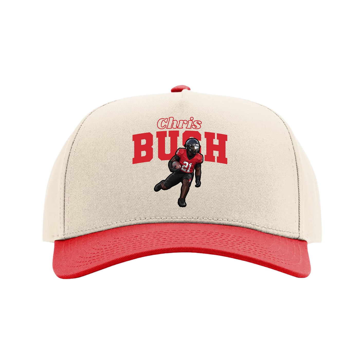 Full Fabric Five-Panel Champ Cap — Name Arch in Cream/Red