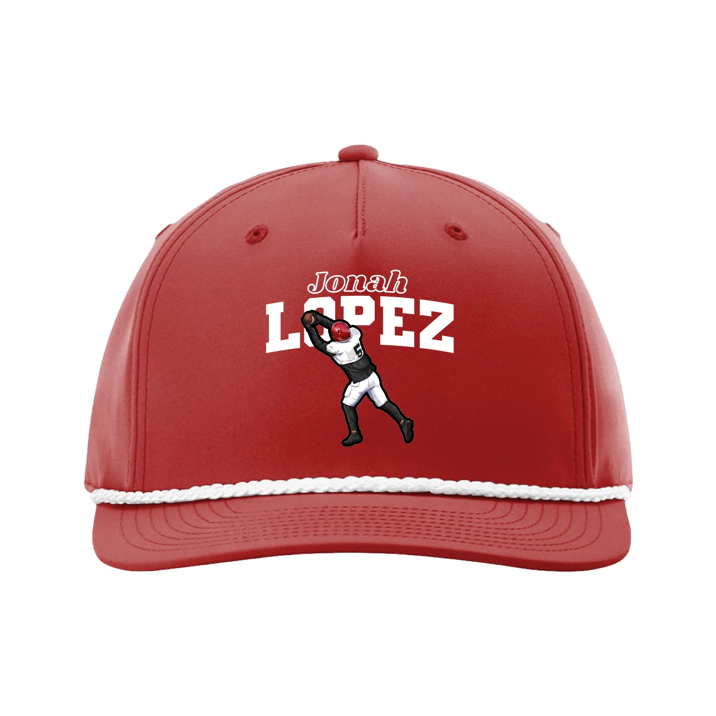 Five-Panel Classic Rope Cap — Name Arch in Red